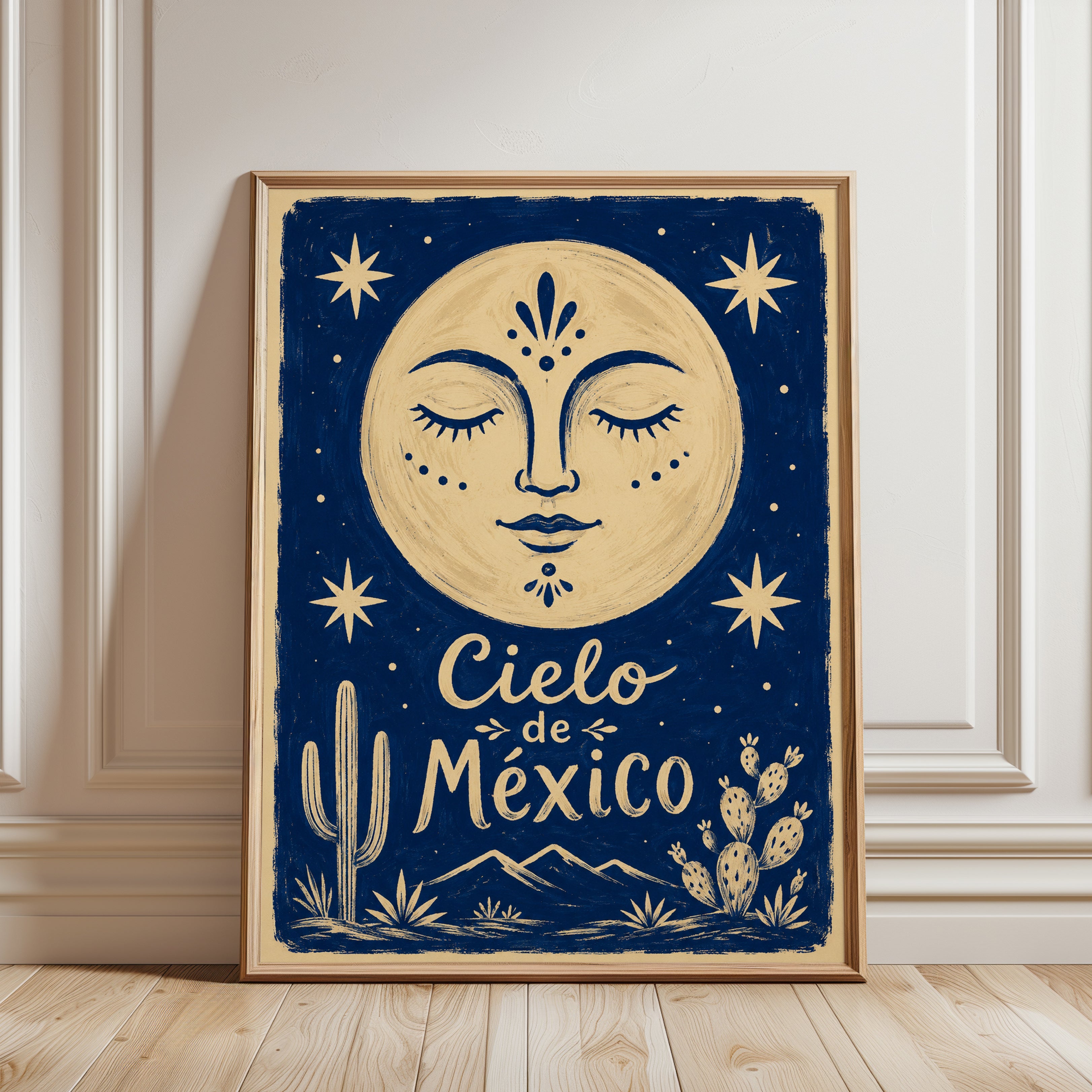 Mexican Moon Face Art Print: Folk Art Blue and Cream Design - framed detail