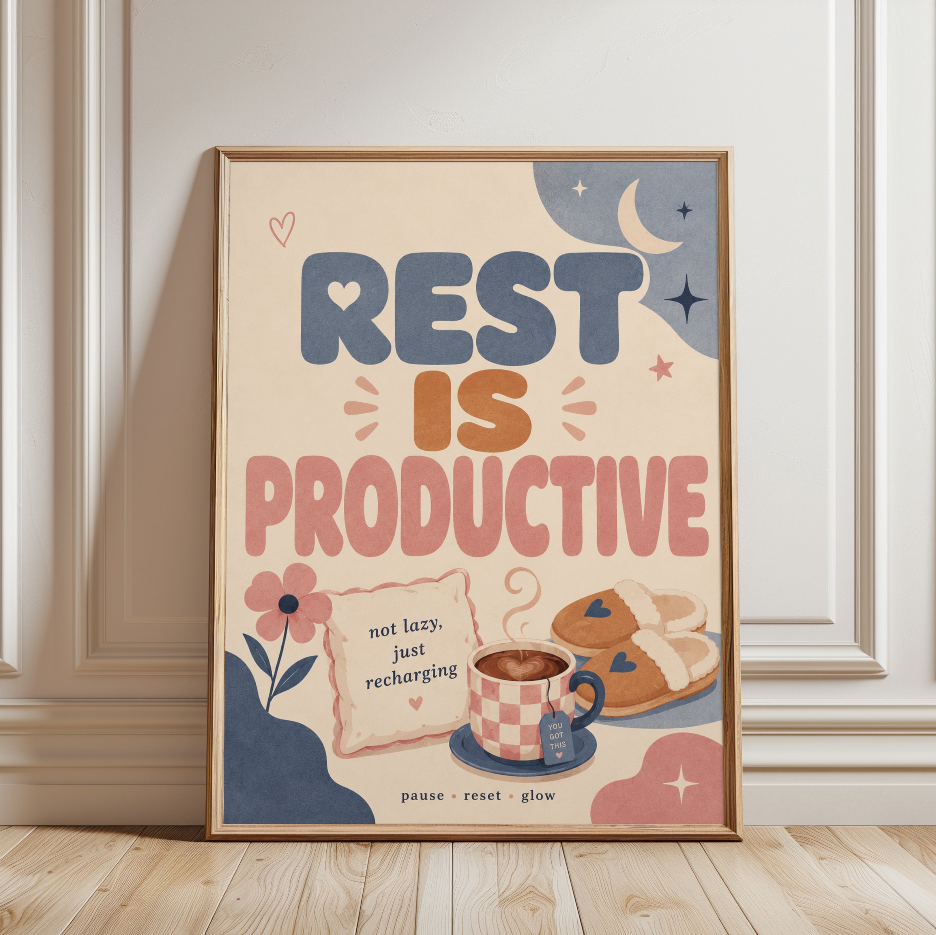Rest is Productive Print: Cozy Self-Care Wall Art for Bedroom - framed detail