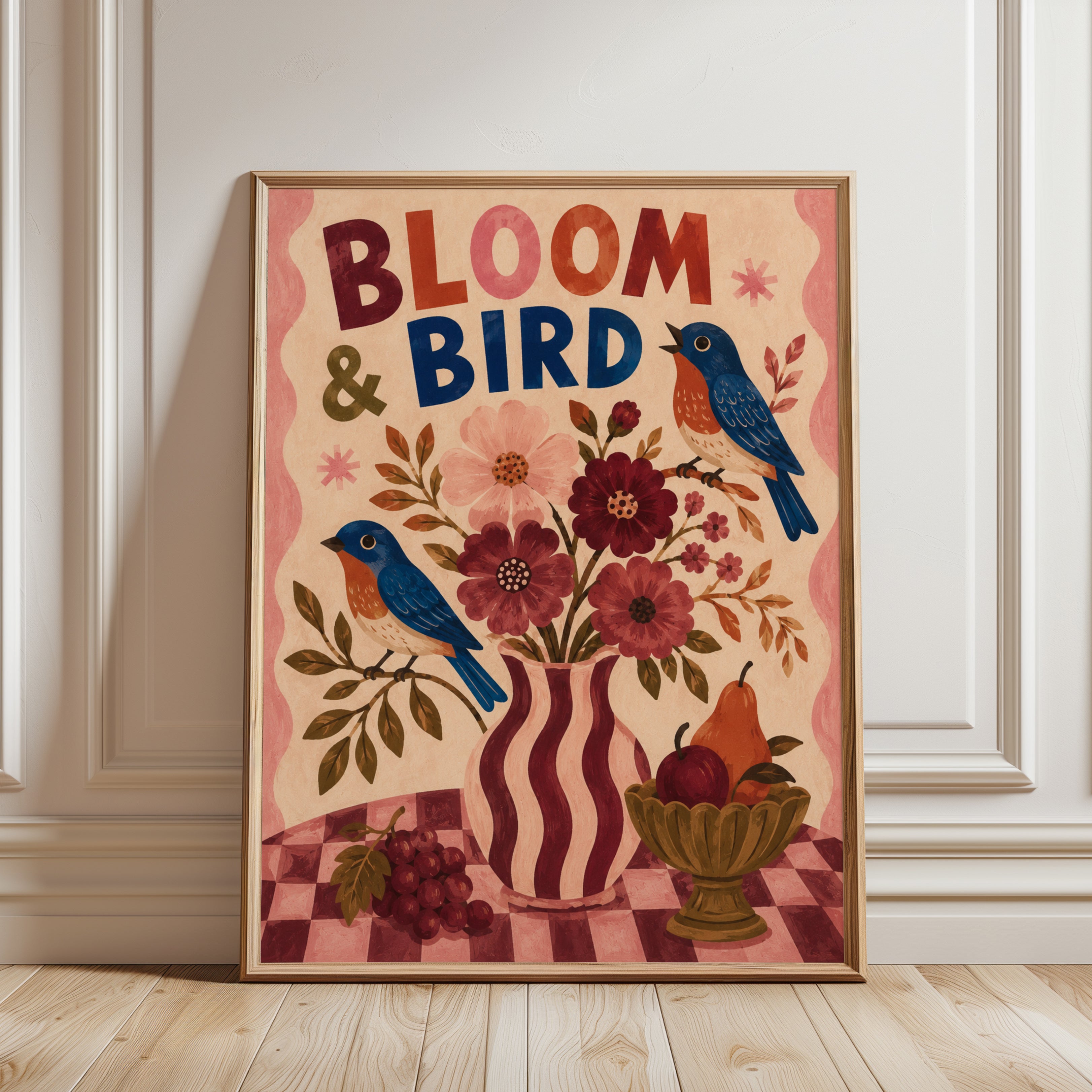 Bloom & Bird Folk Art Print: Blue Birds with Burgundy Florals - framed detail