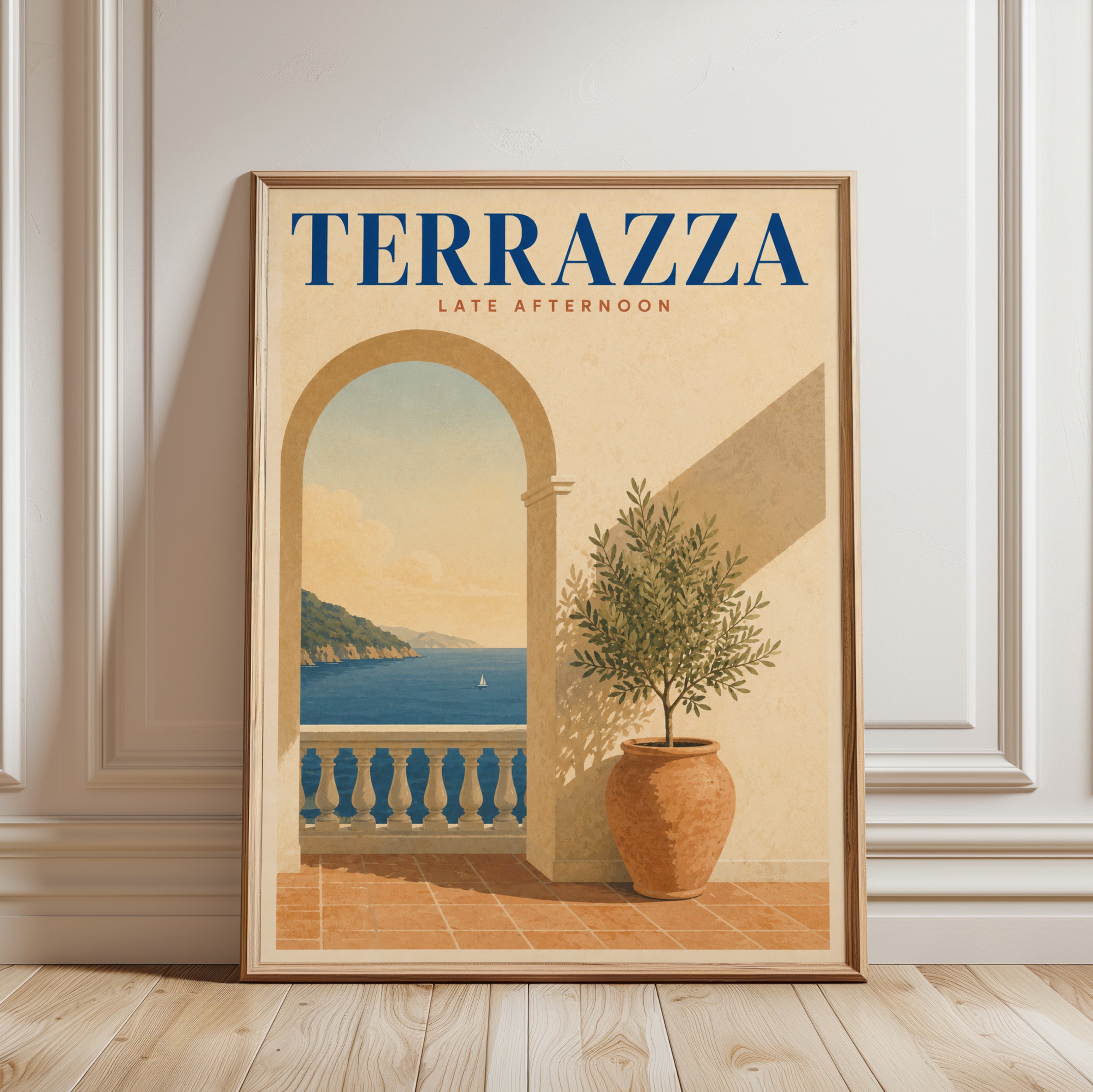 Mediterranean Travel Poster – Terrazza Wall Art - framed detail