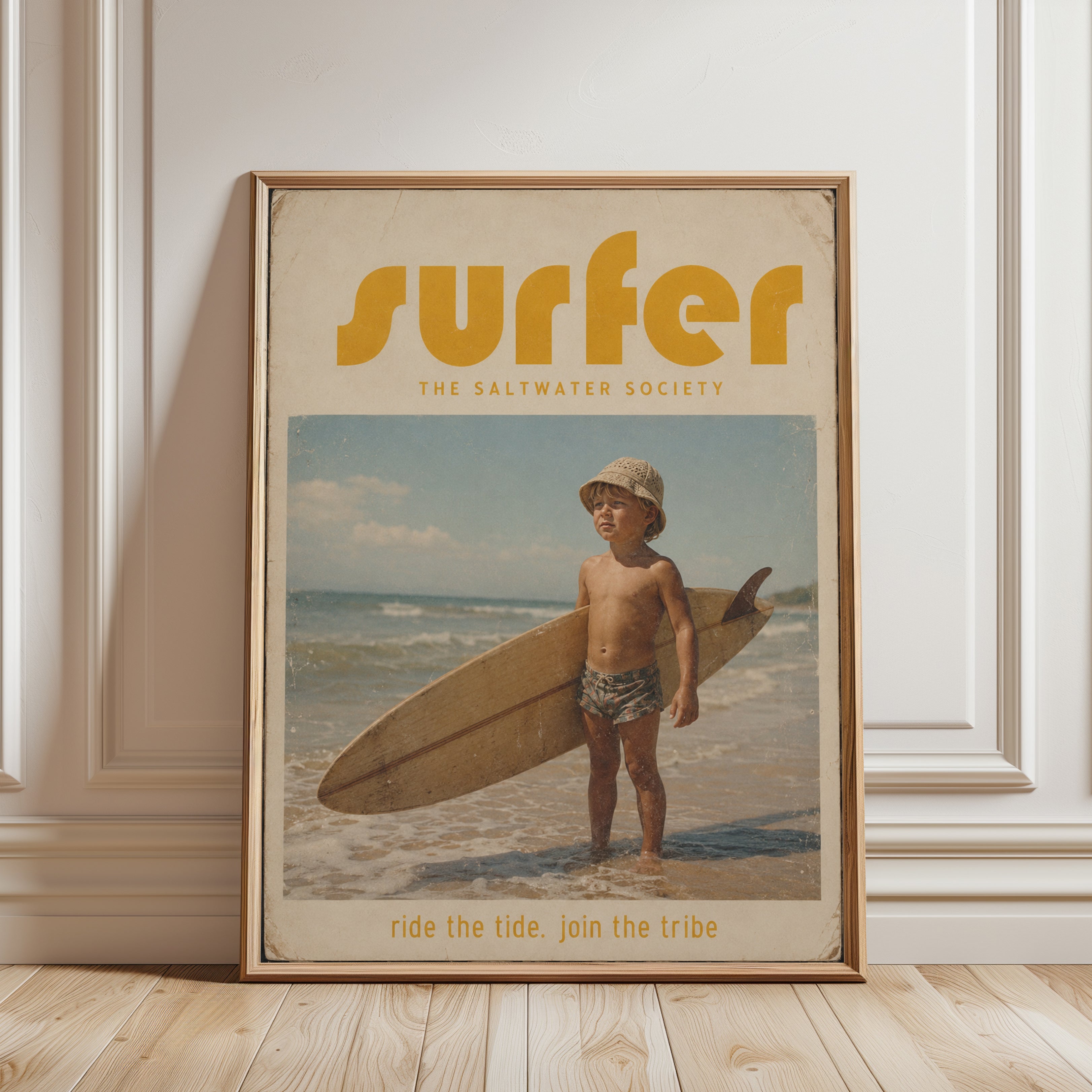 Vintage Surfer Print — Retro Beach Boy with Surfboard - framed detail