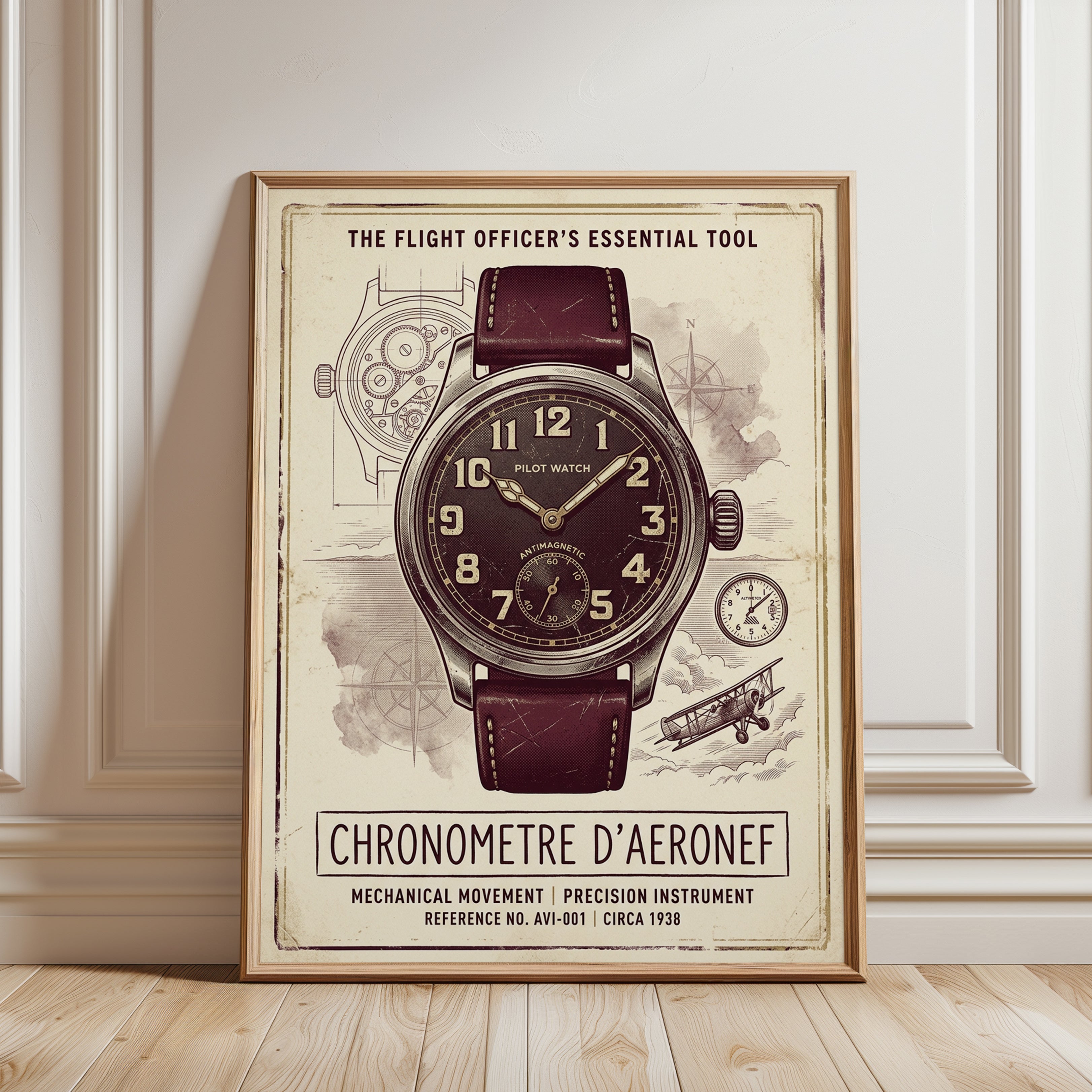 Vintage Pilot Watch Poster: Art Deco Aviation Instrument Print - framed detail