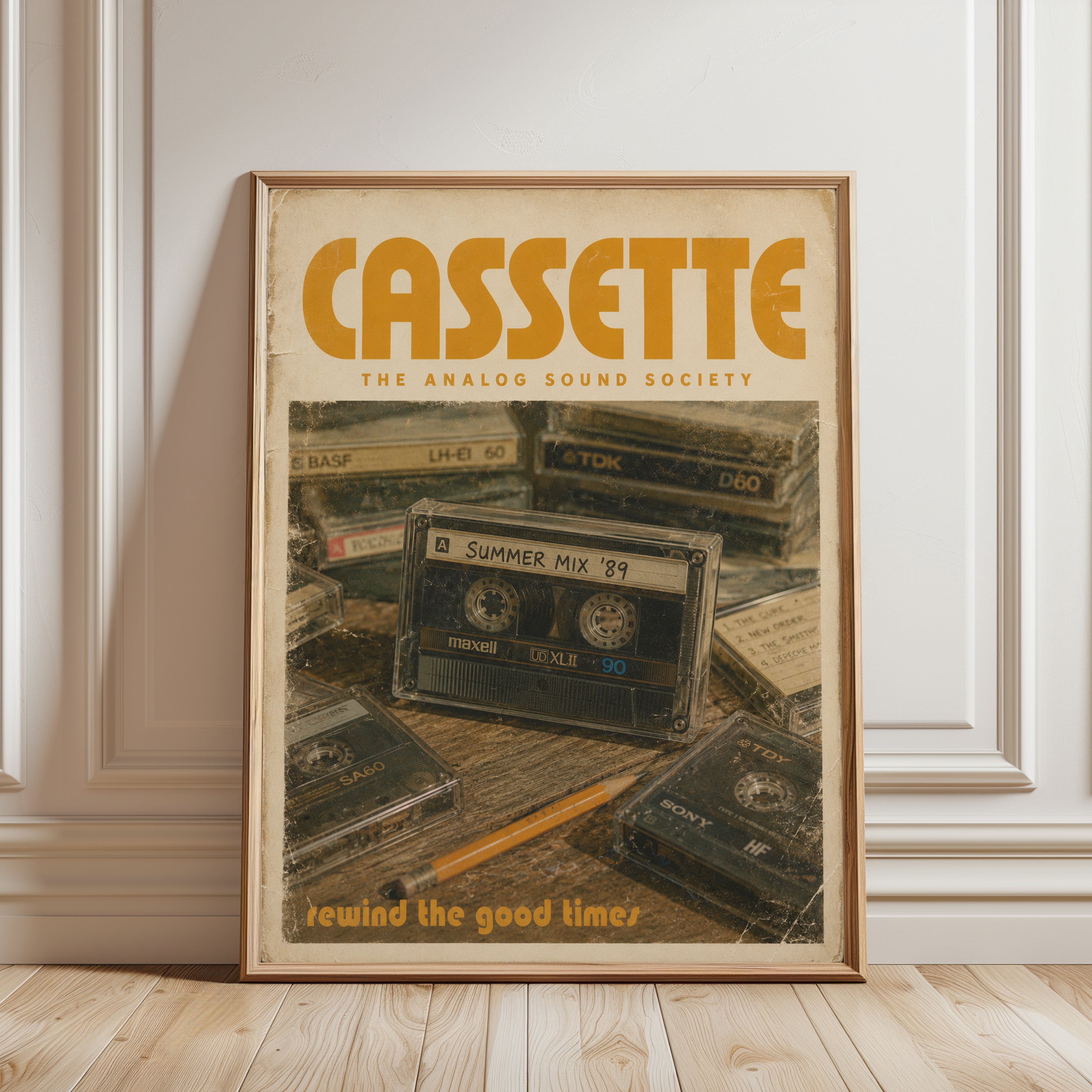 Vintage Cassette Tape Poster — Retro 80s Music Wall Art - framed detail