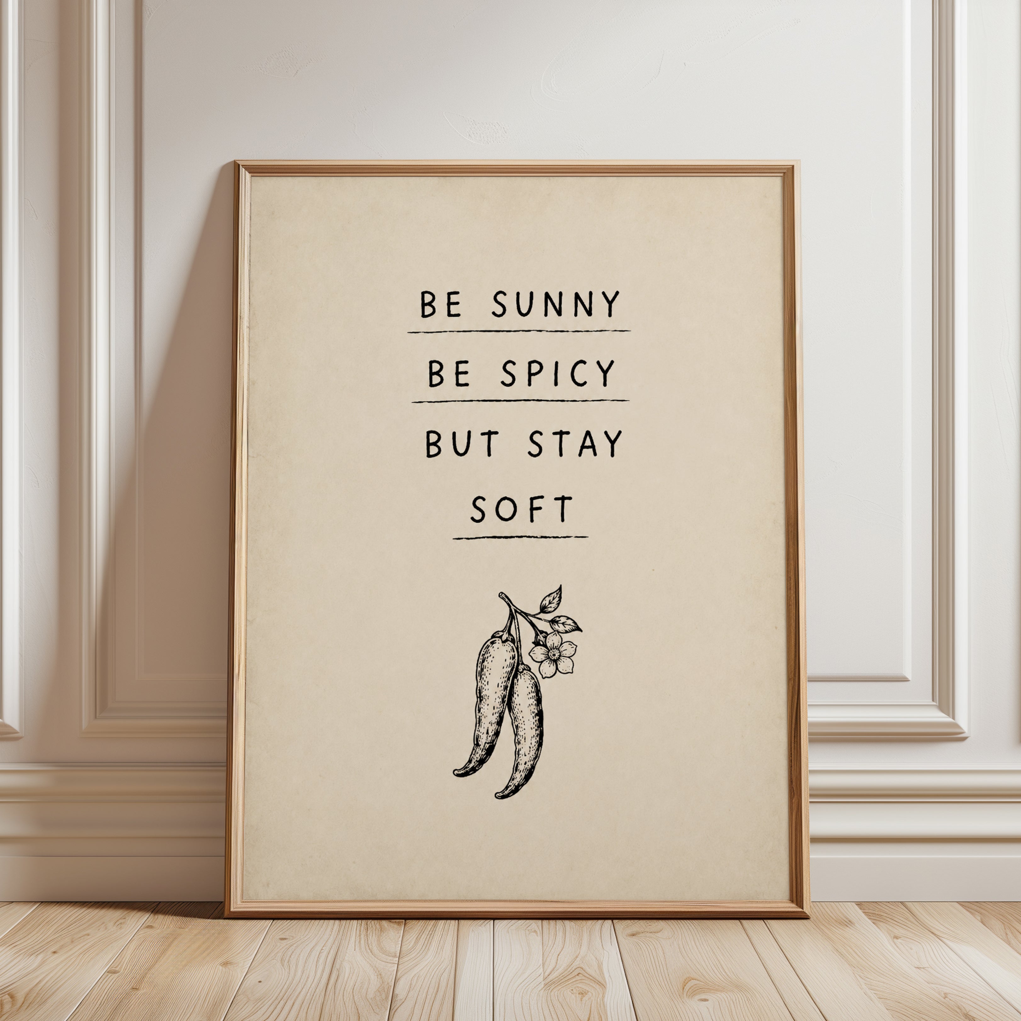 Be Sunny Be Spicy Stay Soft Print: Vintage Chili Pepper Art - framed detail