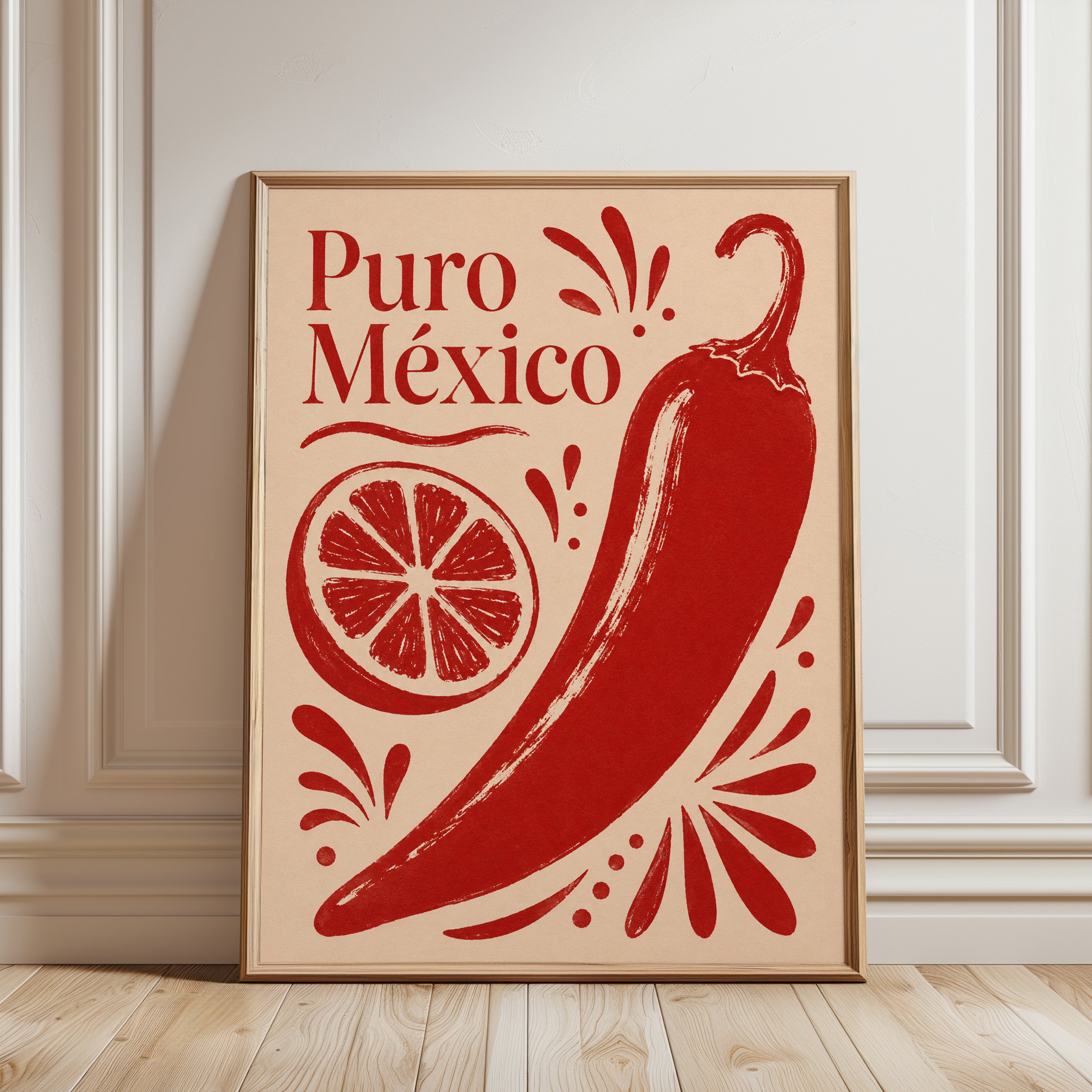 Puro Mexico Chili Pepper Print: Retro Red Kitchen Wall Art - framed detail