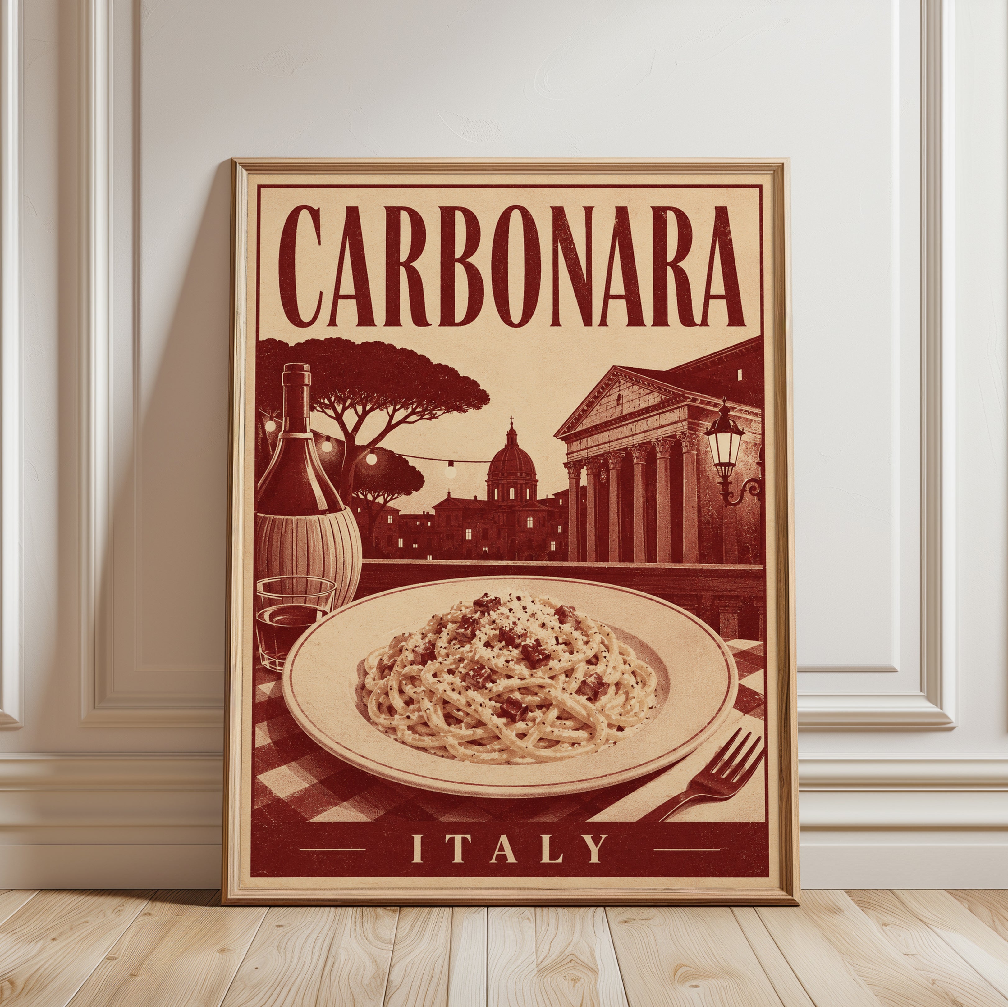 Carbonara Italy Travel Poster: Vintage Culinary Art Print - framed detail
