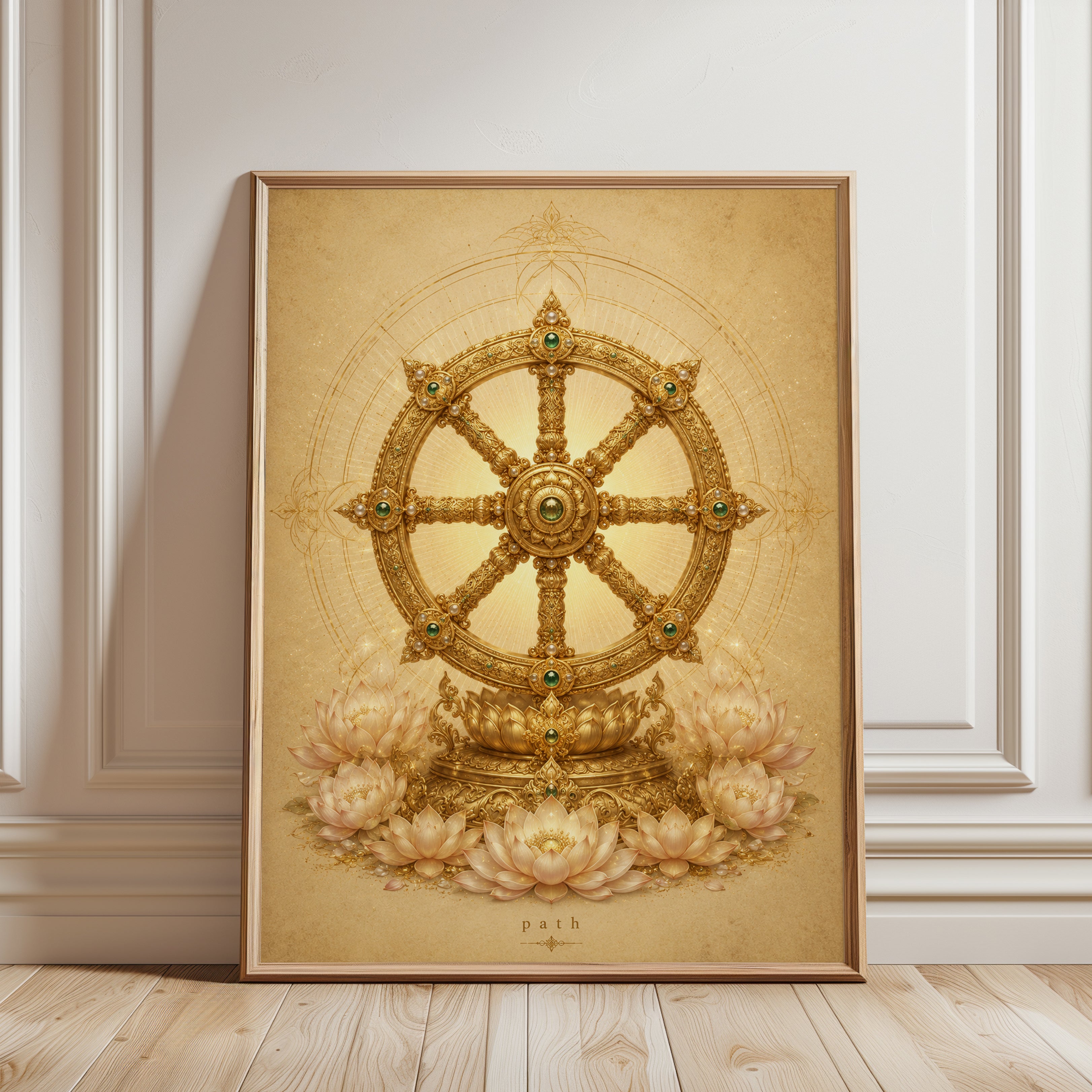 Dharma Wheel Wall Art – Buddhist Decor - framed detail