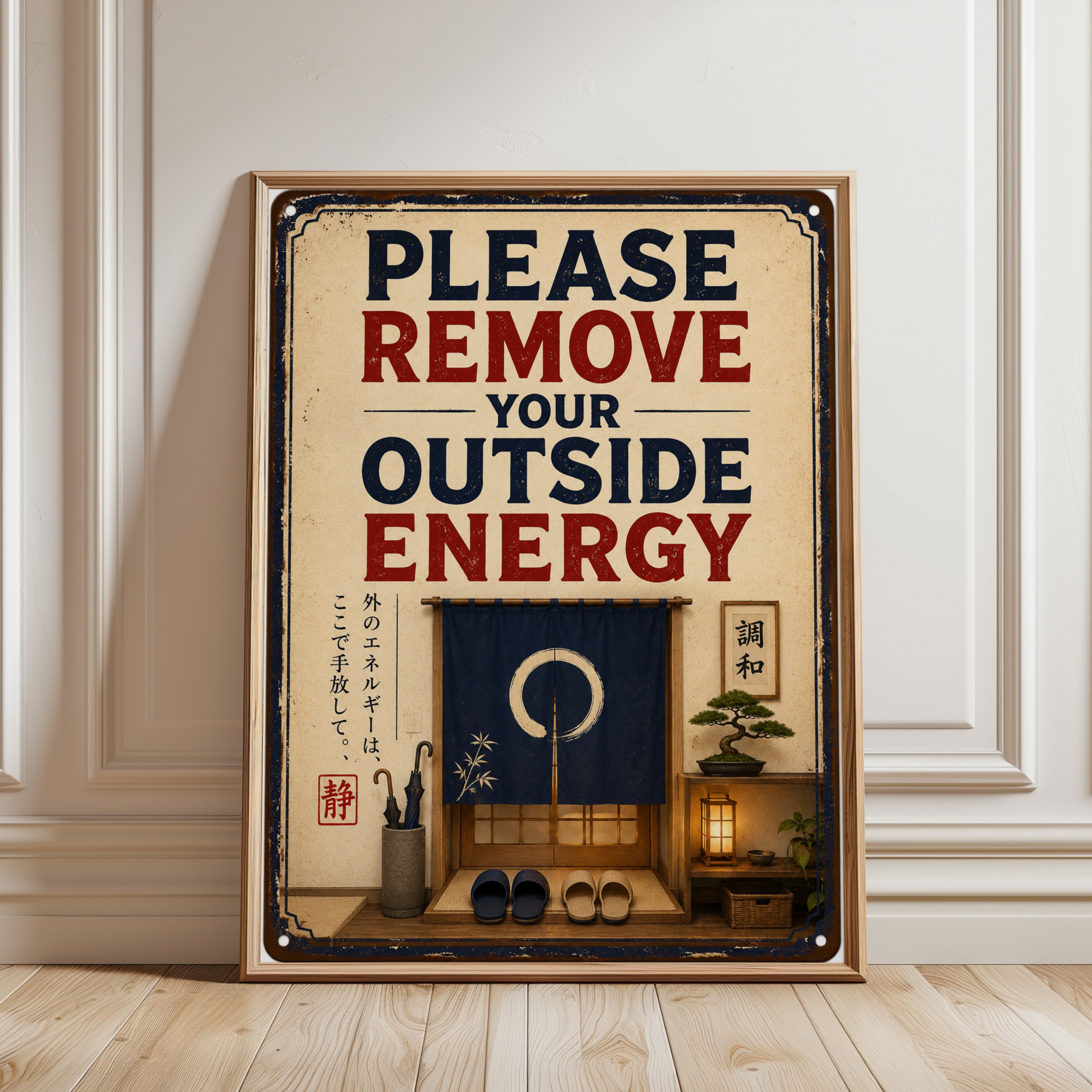 Japanese Entryway Wall Art: Retro Typography Sign With Zen Decor - framed detail
