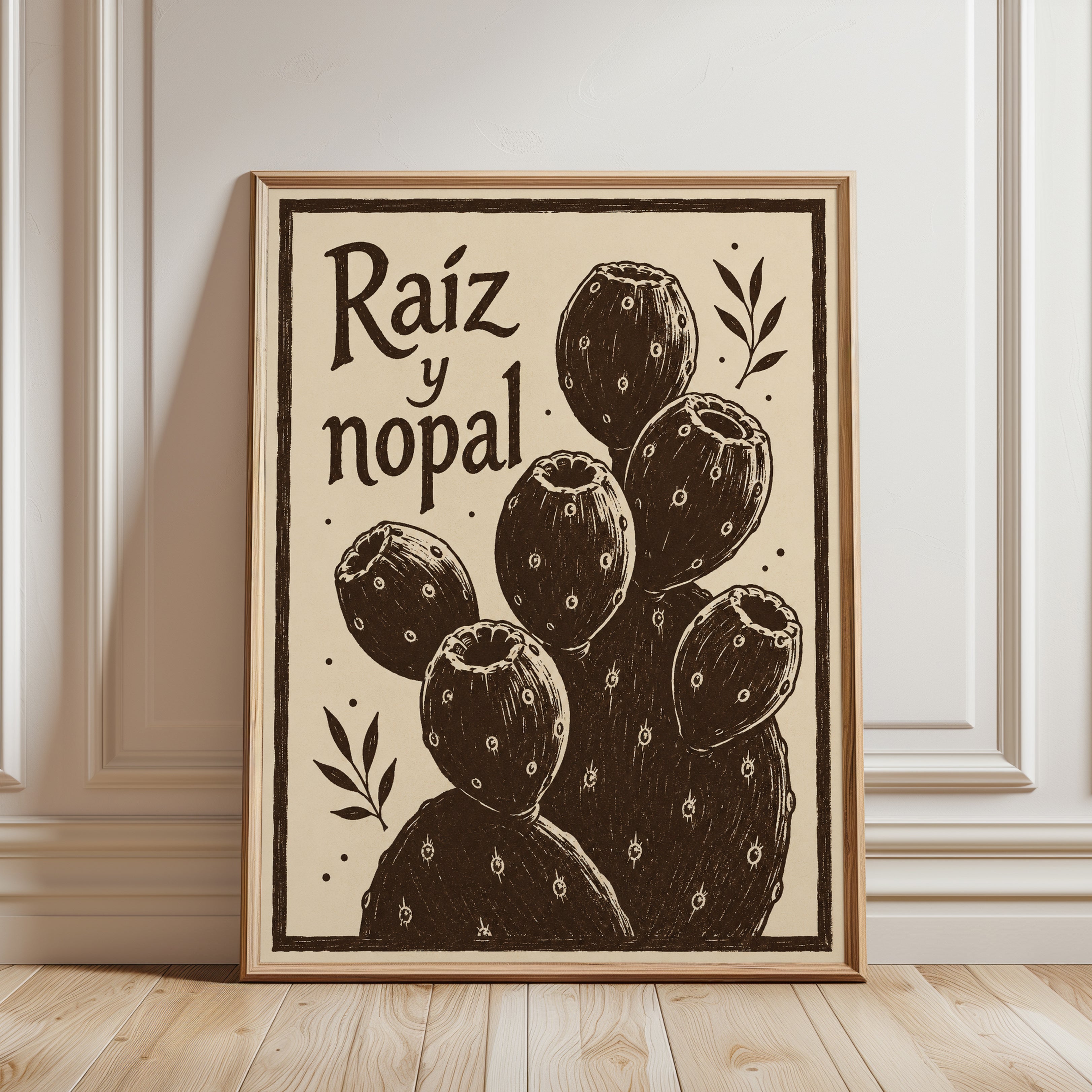 Vintage Cactus Botanical Print: Retro Spanish Nopal Art Poster - framed detail
