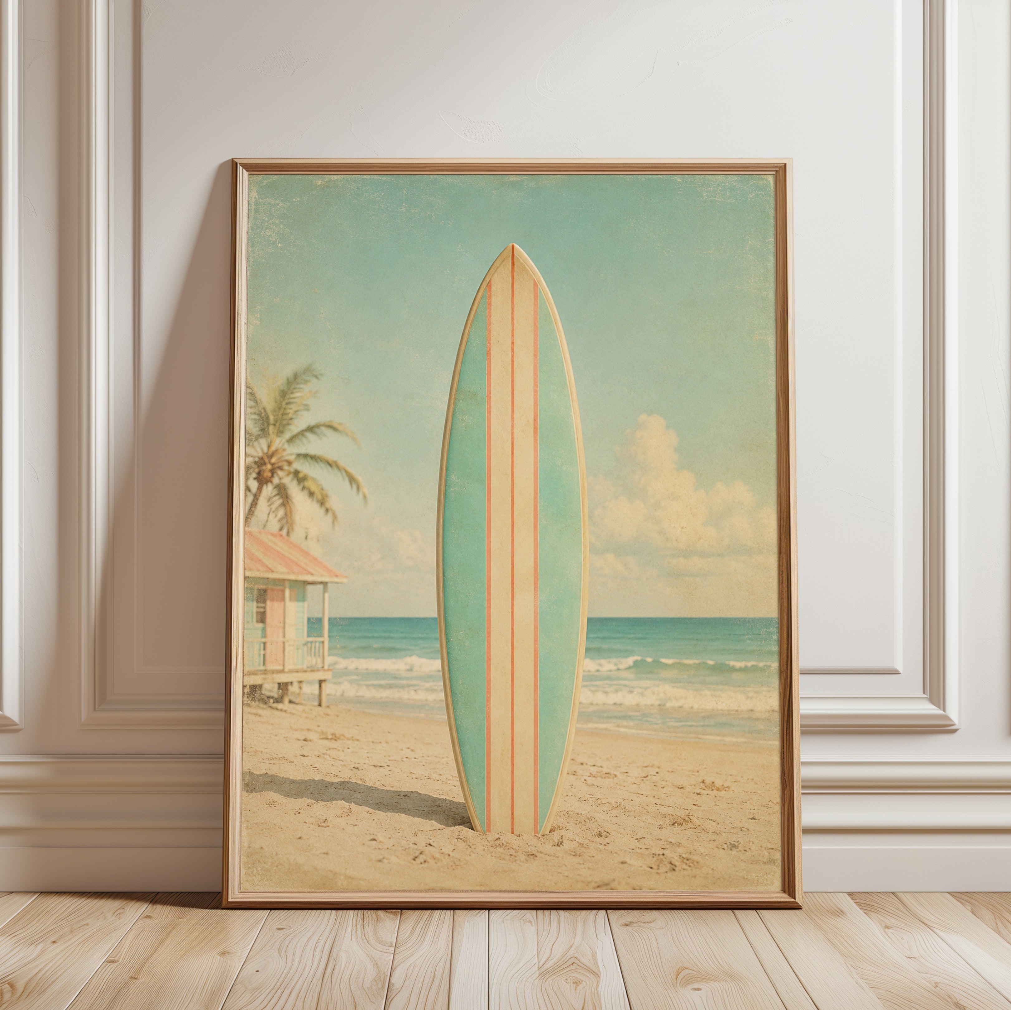 Vintage Surfboard Print – Beach Wall Art - framed detail