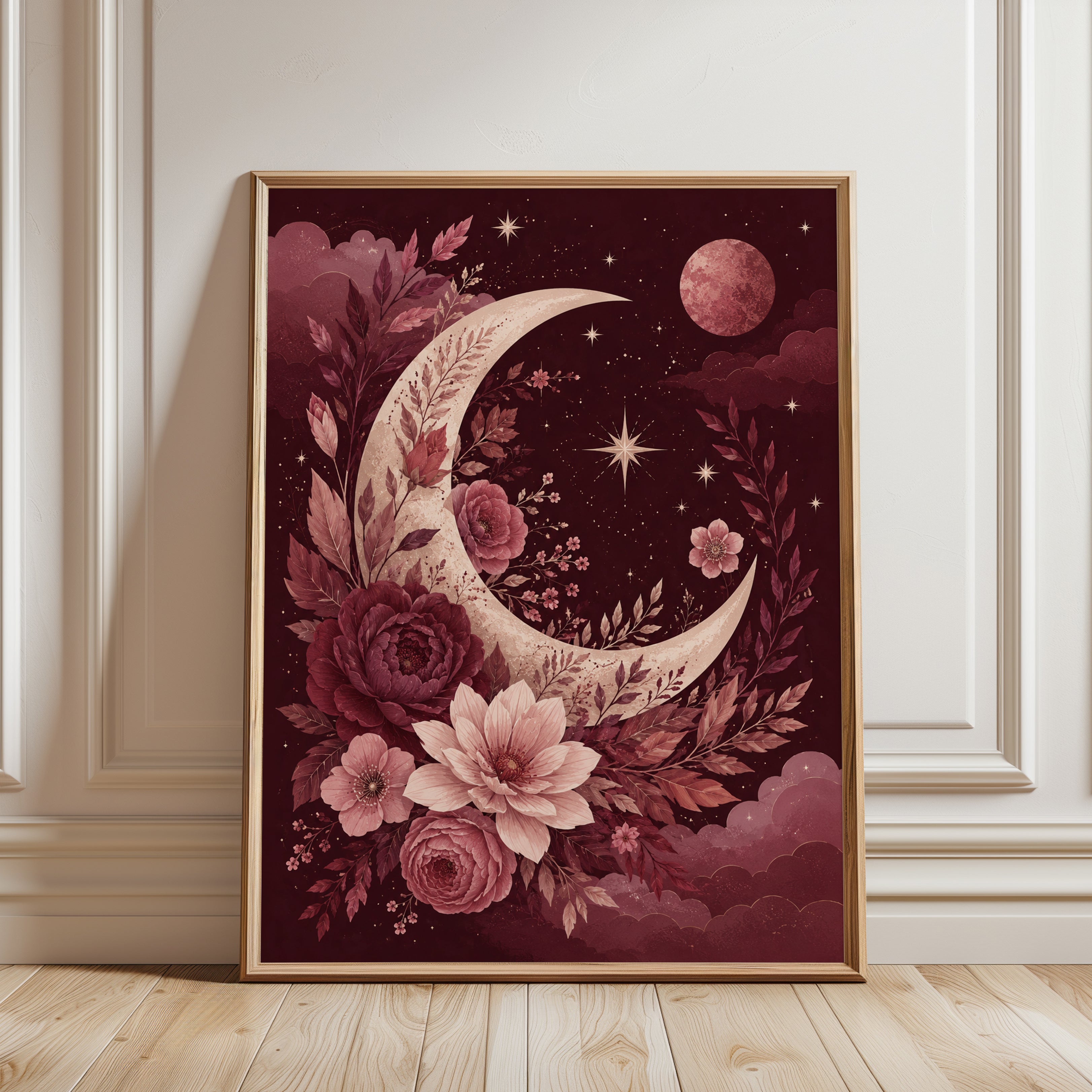 Burgundy Moon and Roses Art Print: Celestial Floral Wall Art - framed detail