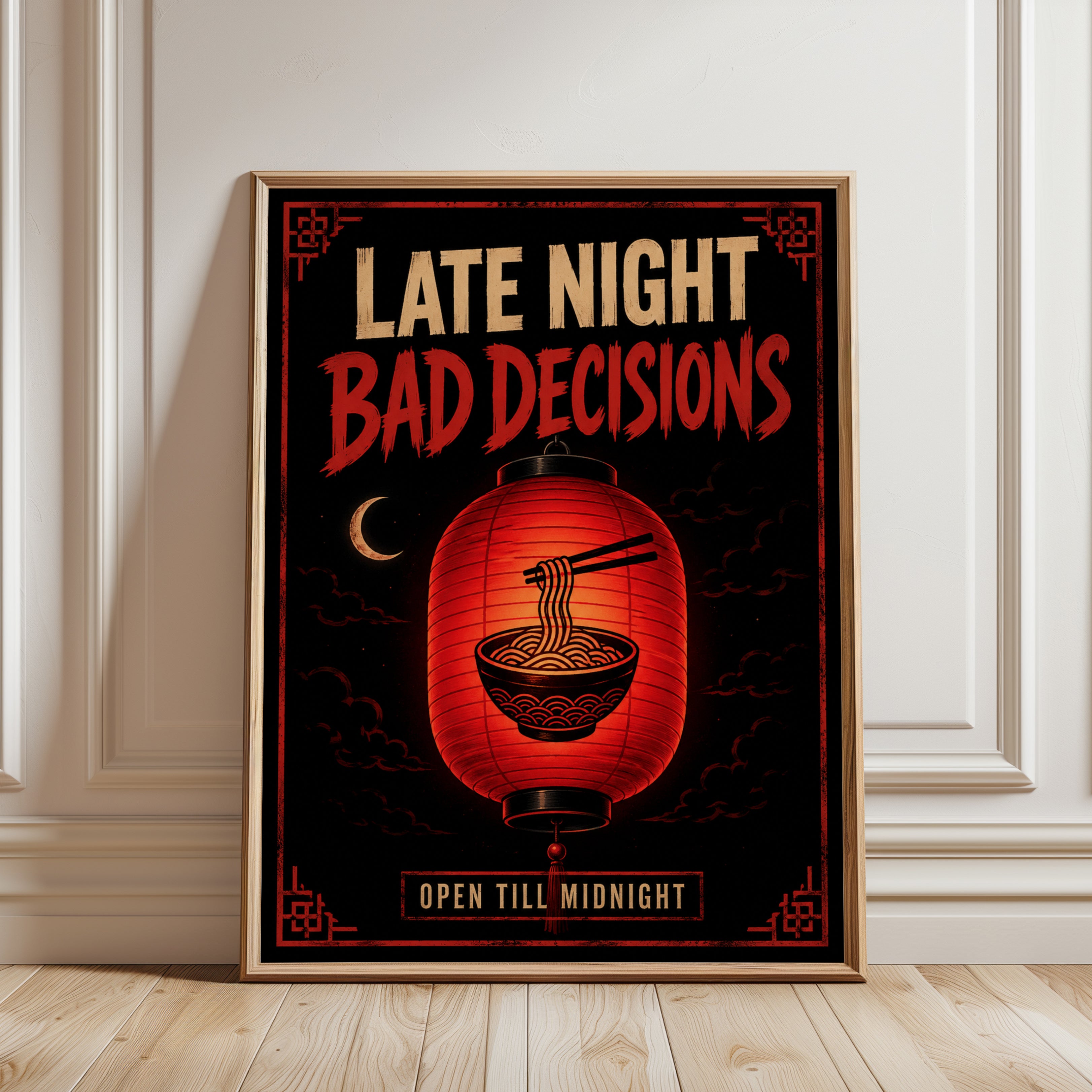 Late Night Ramen Lantern Print: Retro Asian Street Food Art - framed detail