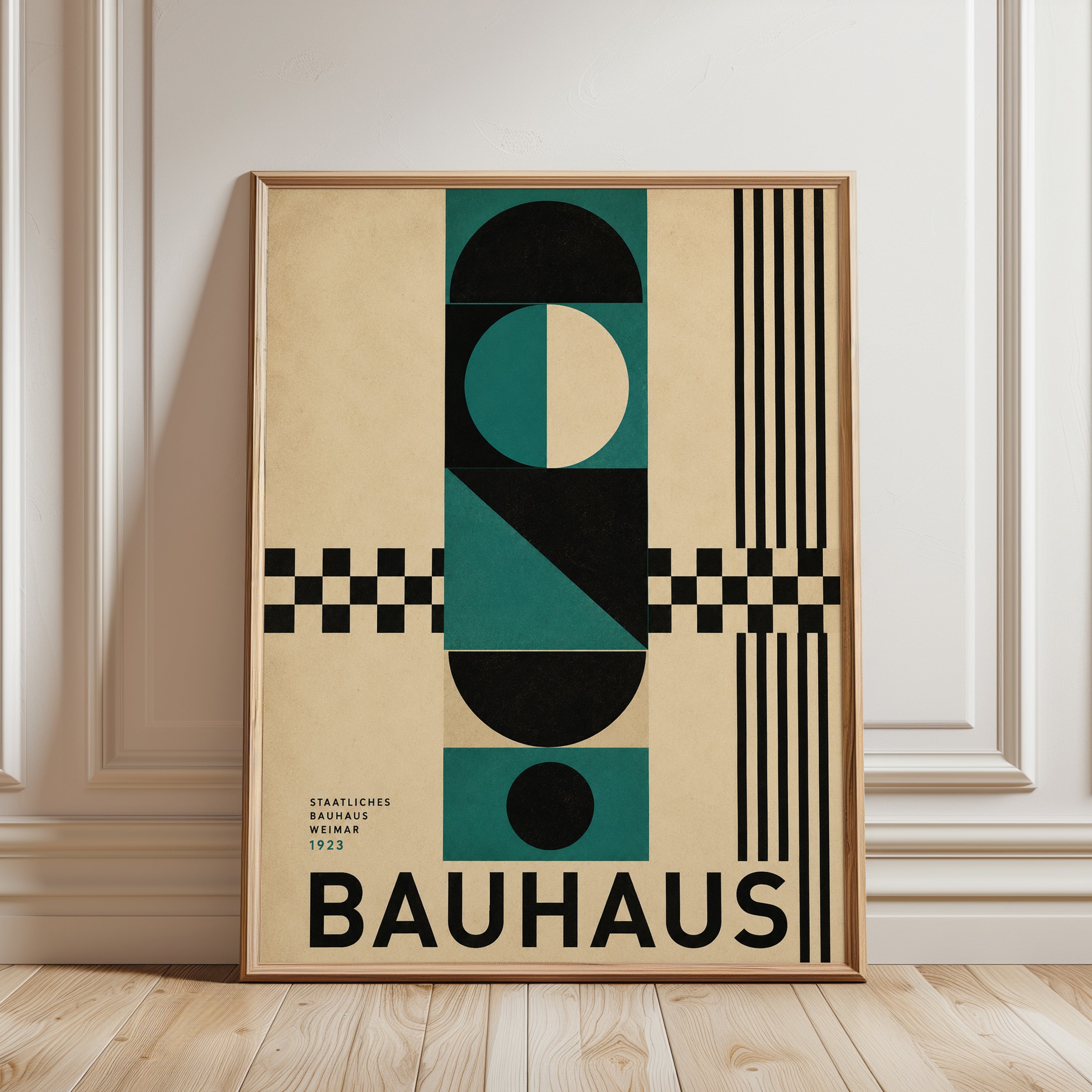Bauhaus Geometric Art Print: Teal and Black Modernist Design - framed detail