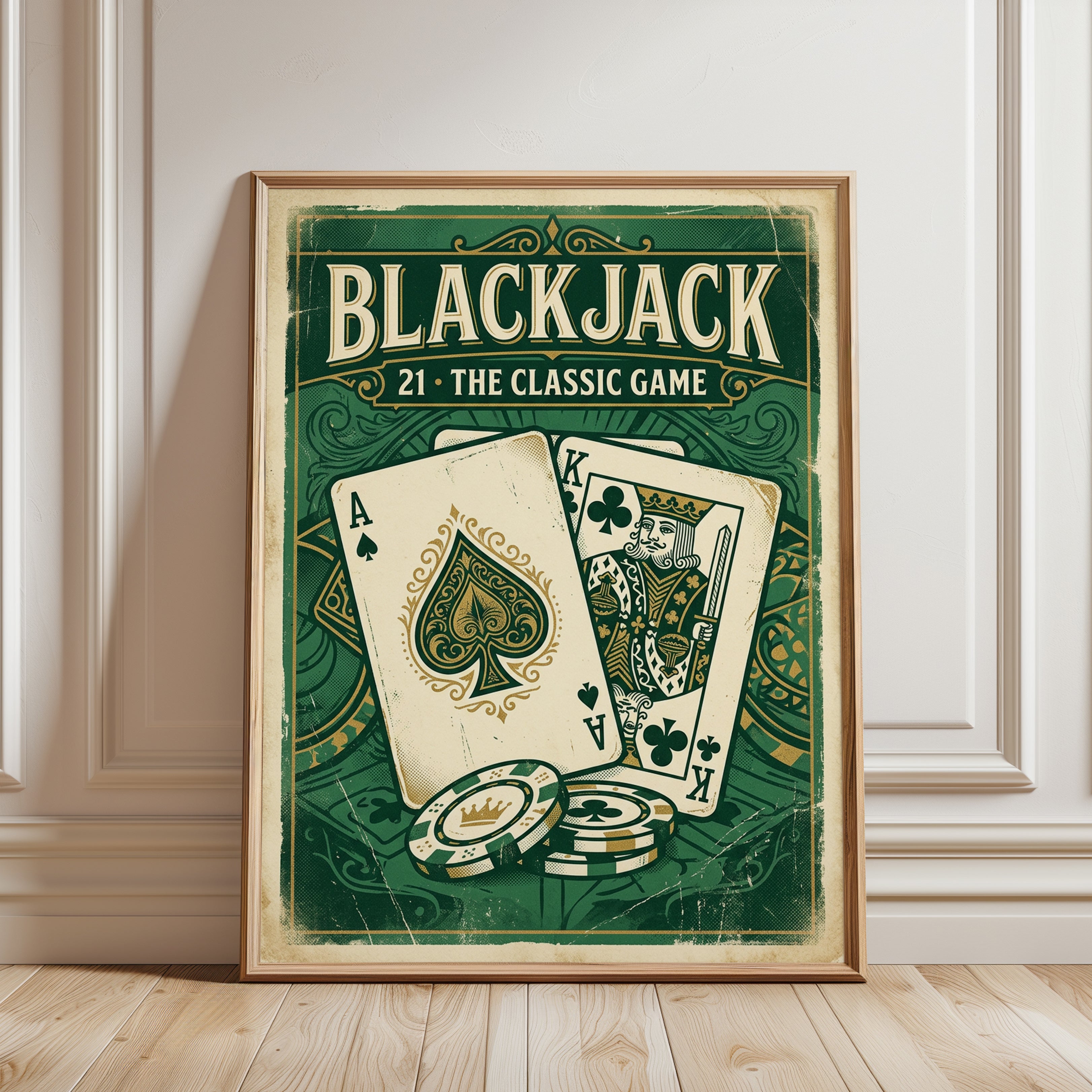 Vintage Blackjack Poster Print — Retro Casino Game Room Art - framed detail