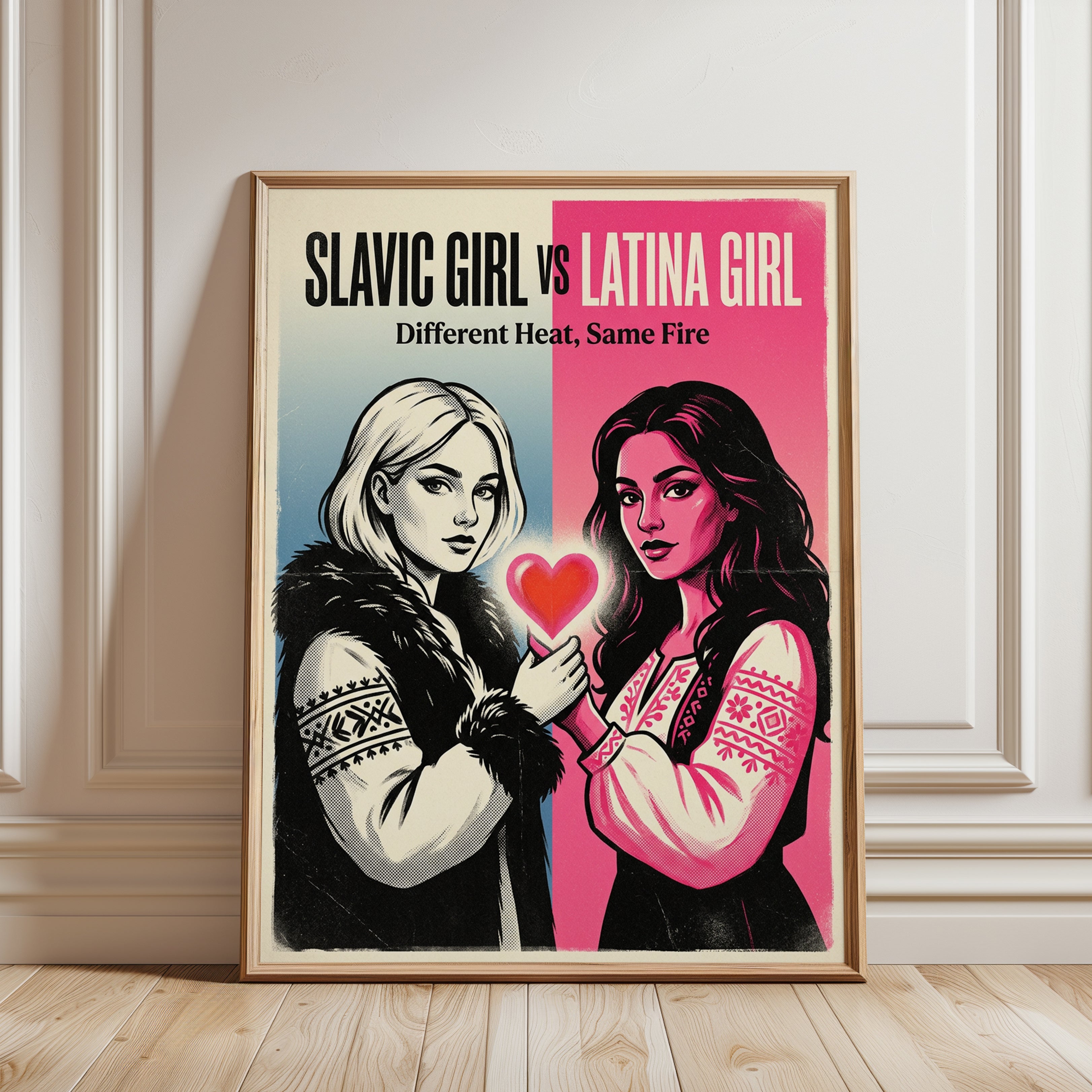 Vintage Pop Art Portrait: Split Screen Duo with Heart Poster - framed detail