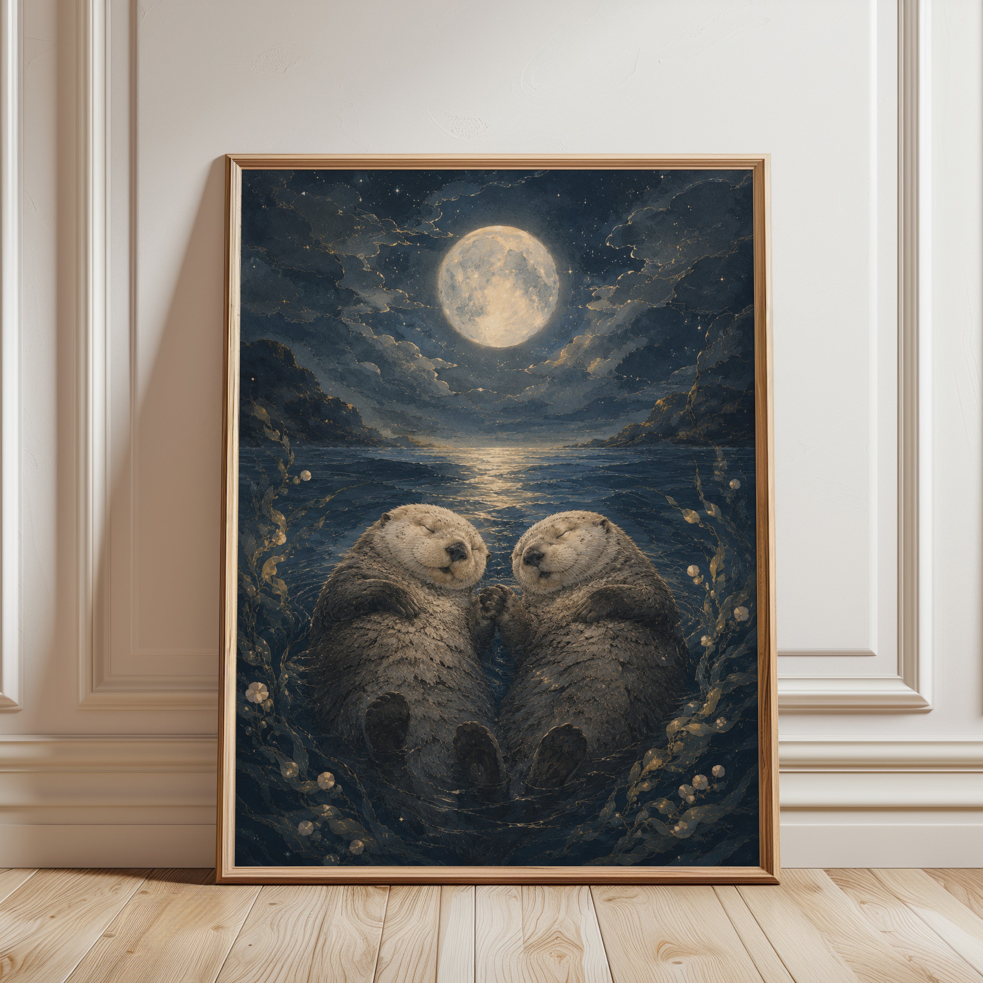 Sea Otters Holding Hands Print — Romantic Moonlight Ocean Scene - framed detail