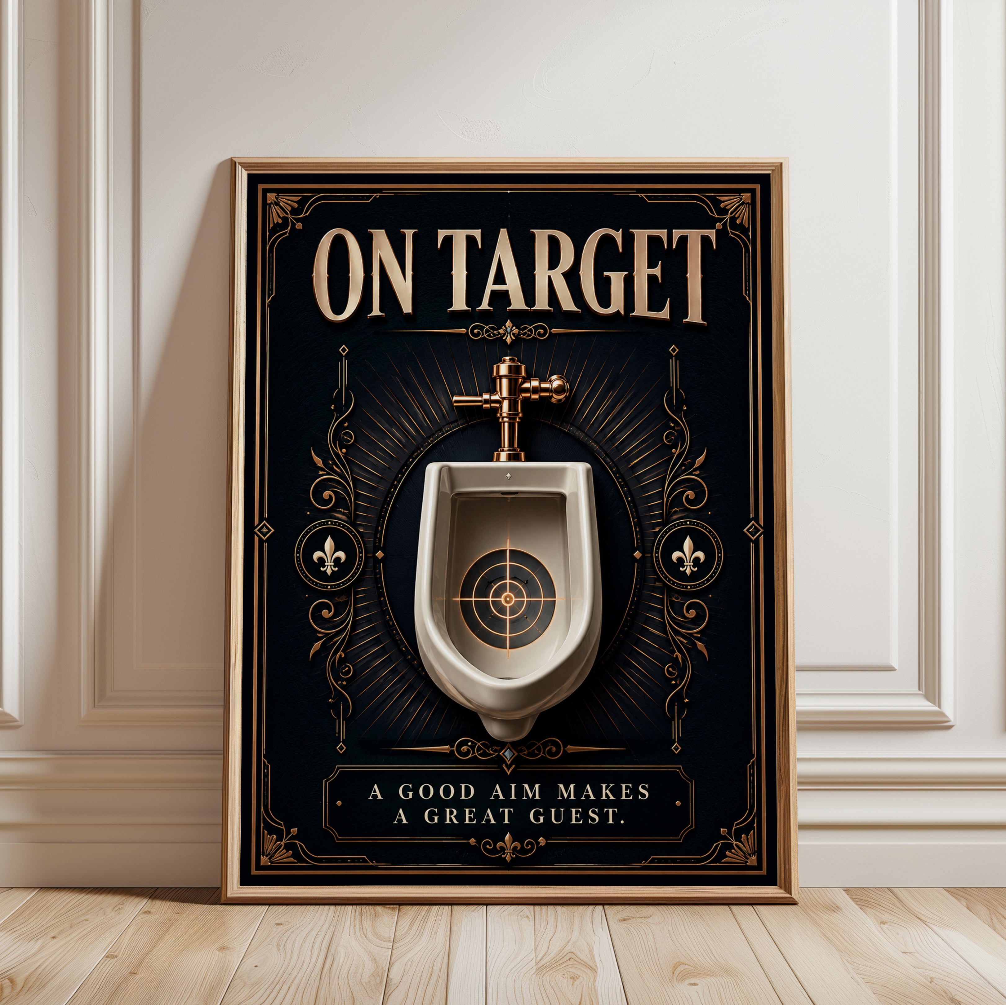 On Target Bathroom Wall Art: Art Deco Gold and Navy Humor Print - framed detail