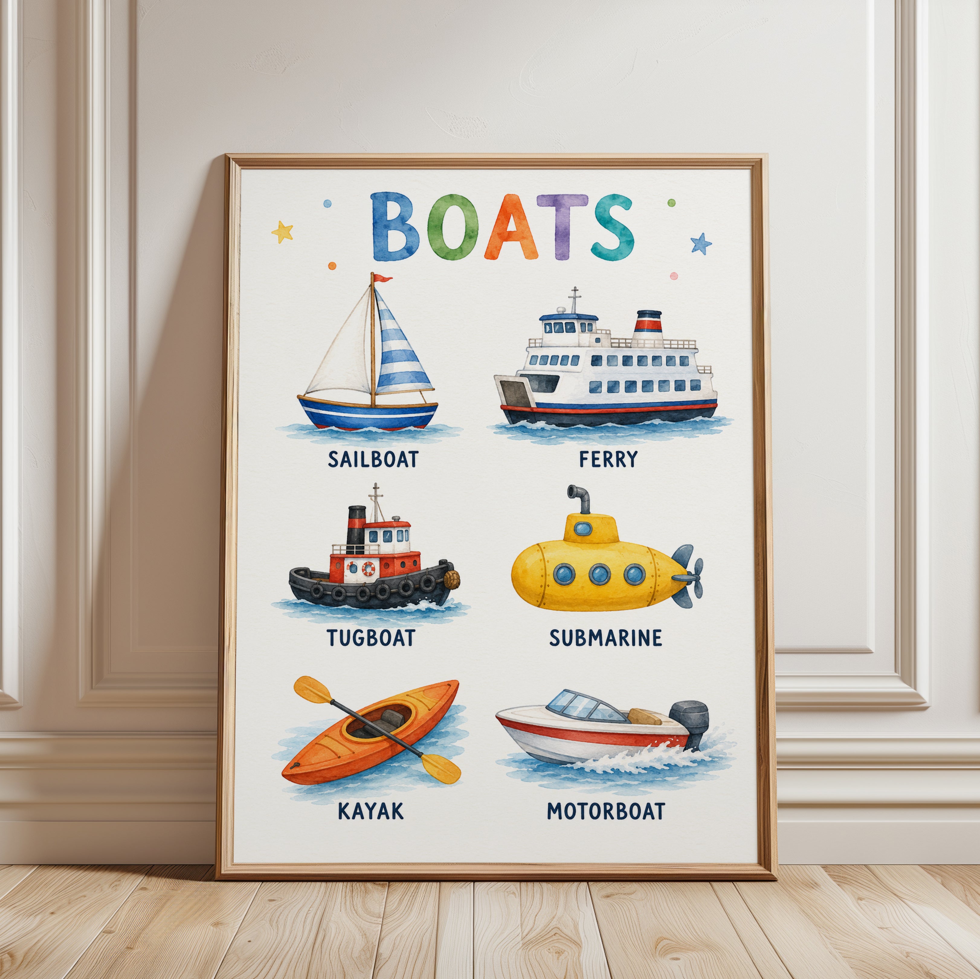Watercolor Boats Print: Educational Kids Poster for Nursery - framed detail