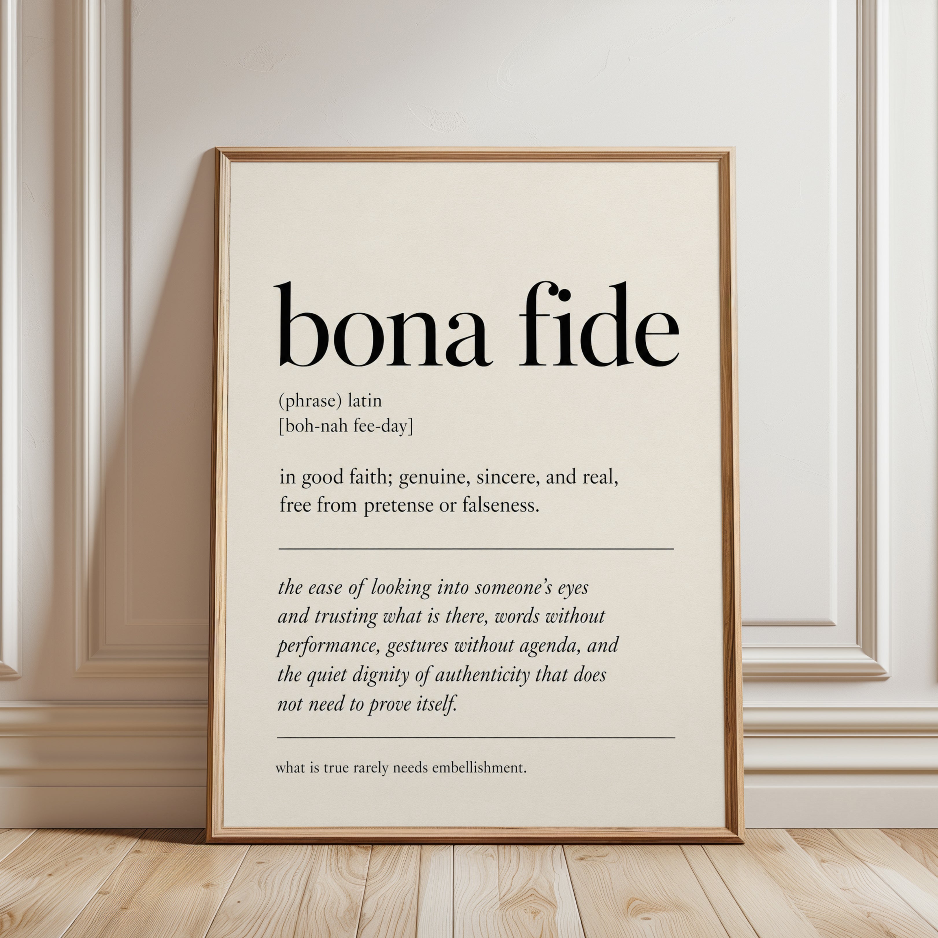 Bona Fide Definition Print: Minimalist Typography Wall Art - framed detail