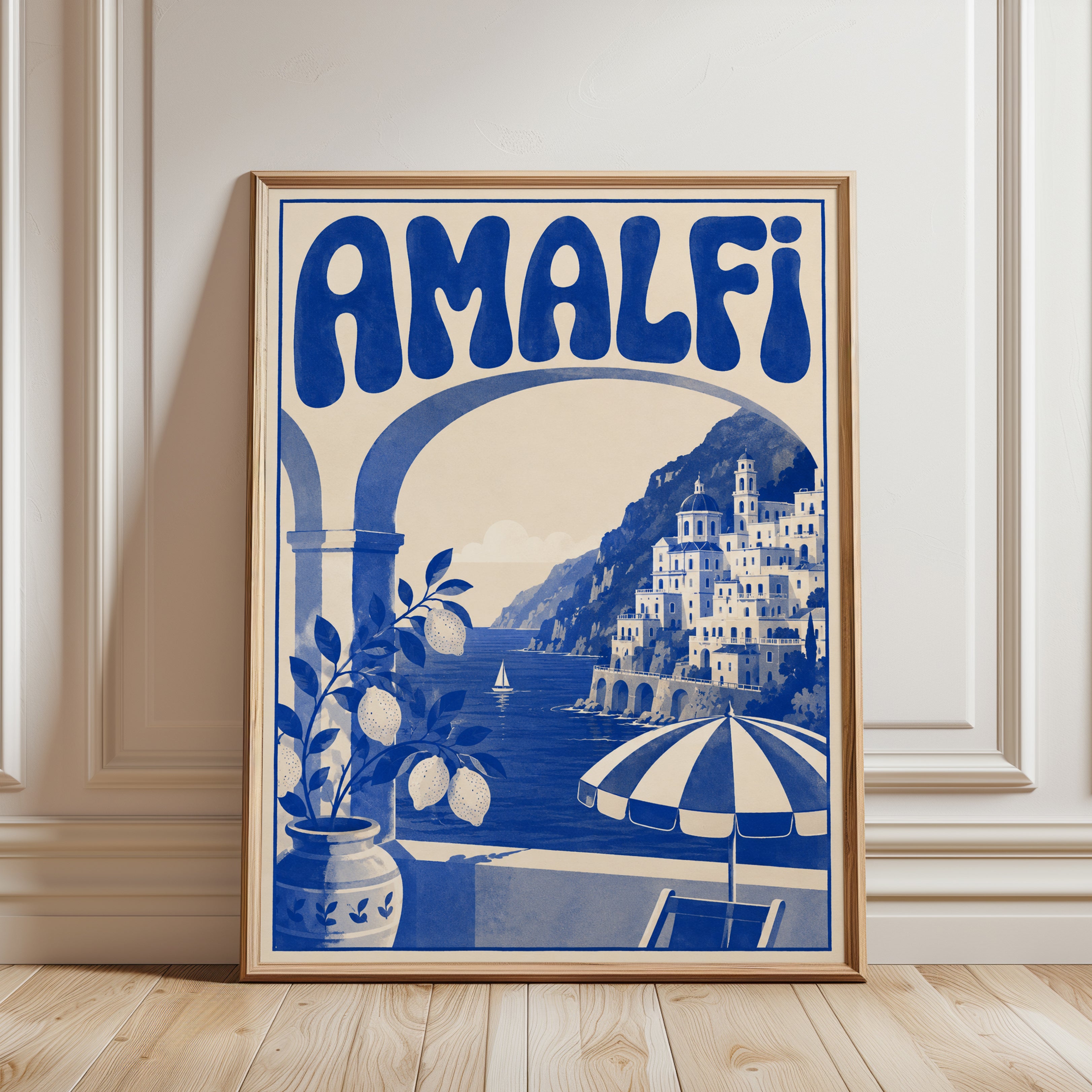 Amalfi Coast Travel Poster: Vintage Italian Riviera Wall Art - framed detail