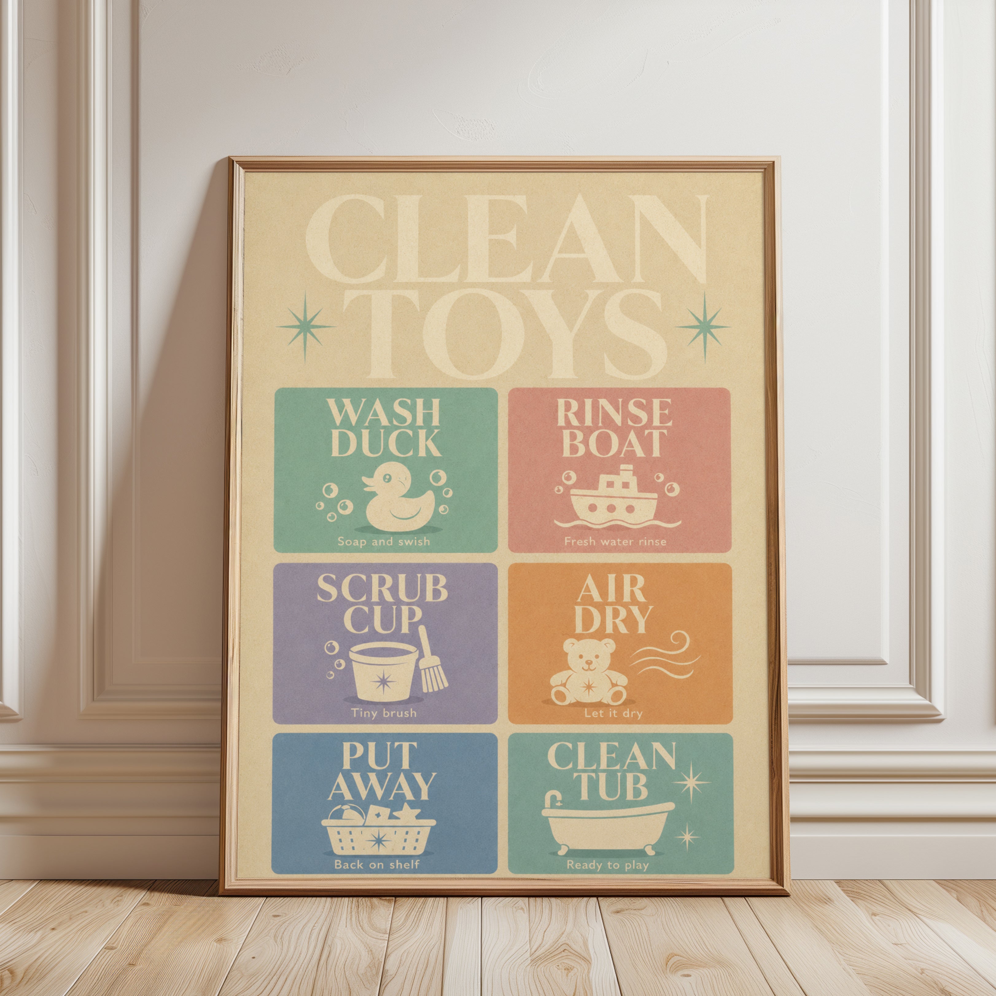 Clean Toys Retro Bathroom Print: Mid-Century Modern Nursery Art - framed detail