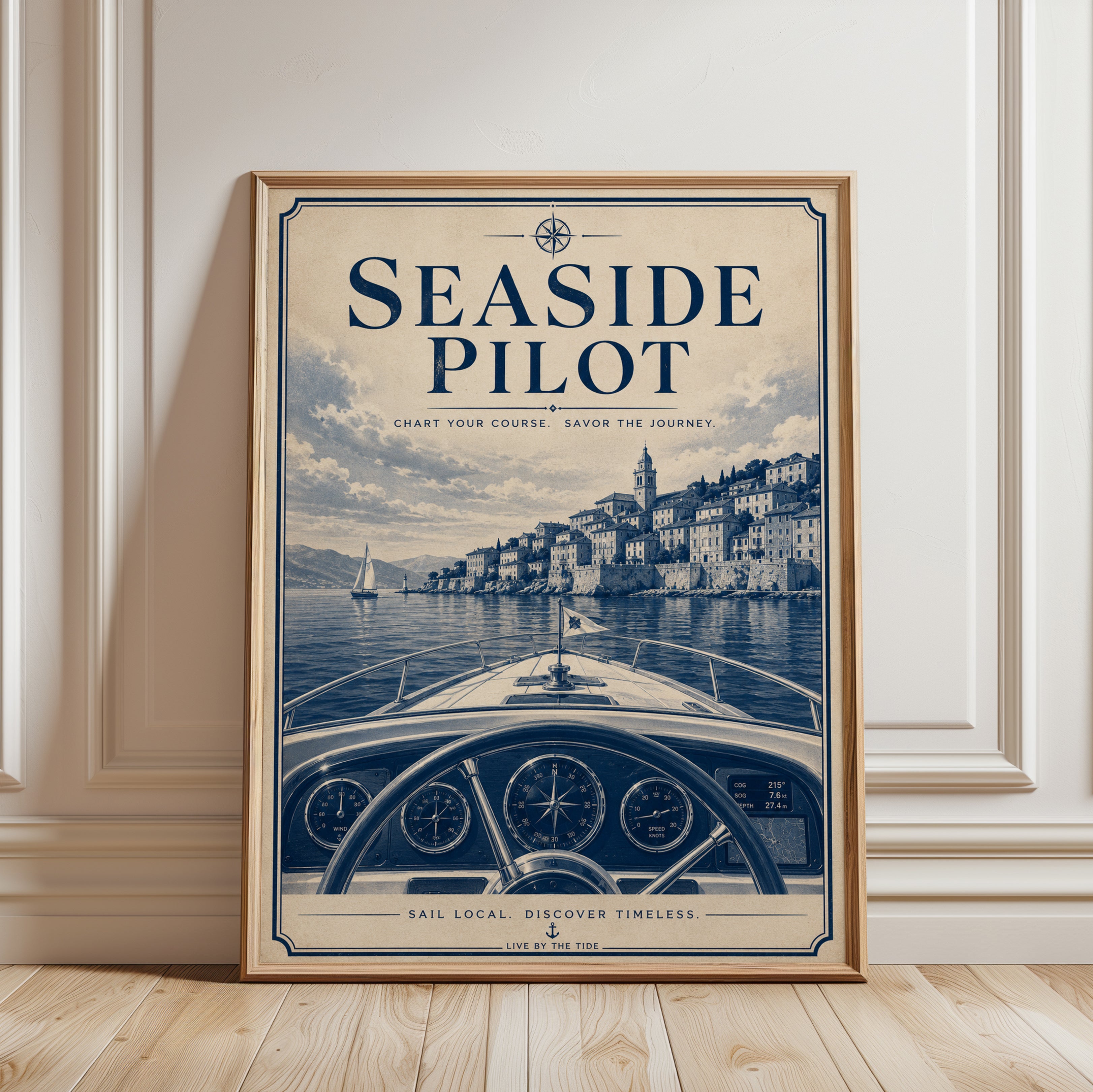 Seaside Pilot Poster: Vintage Nautical Mediterranean Coast Art - framed detail