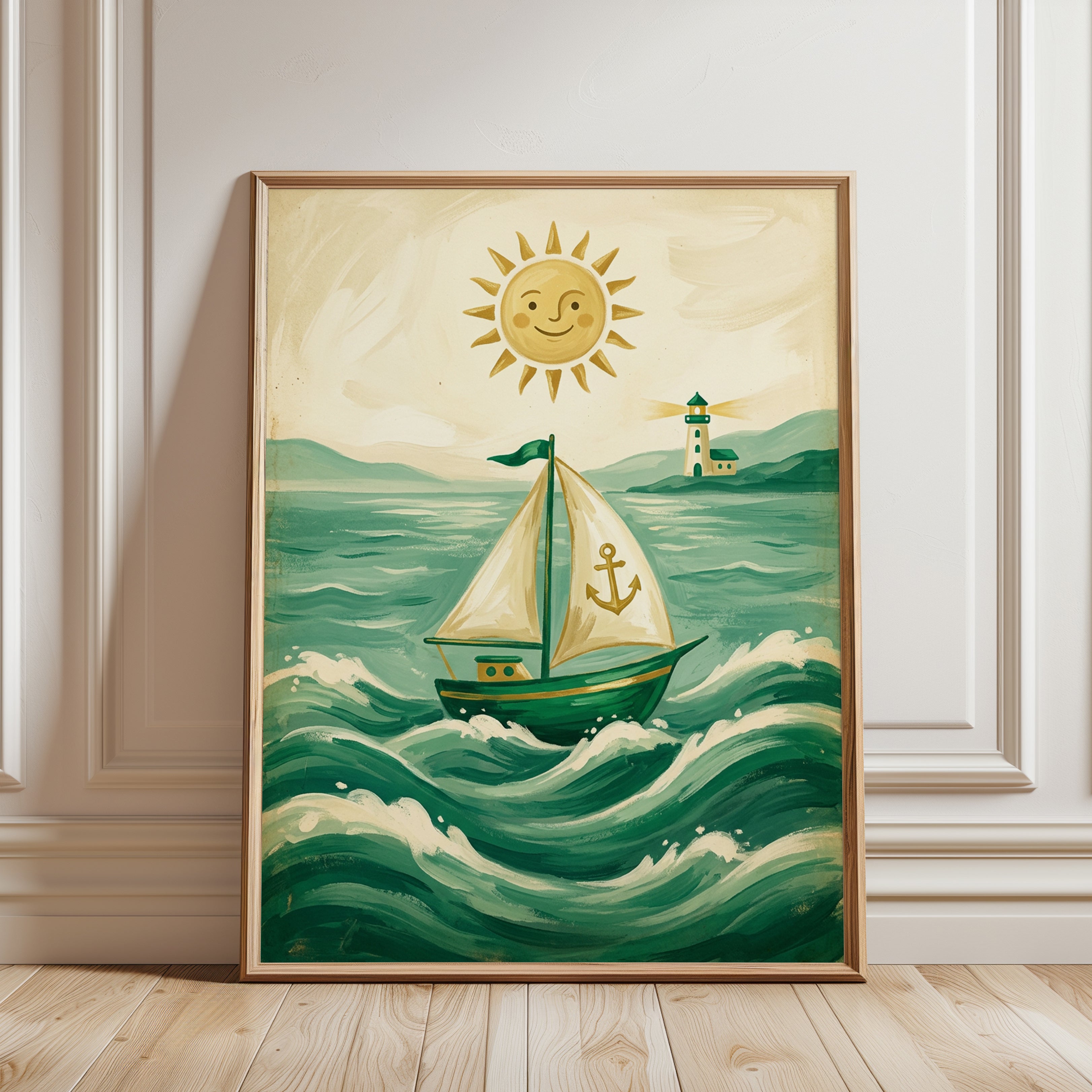 Whimsical Sailboat Print — Cheerful Nautical Illustration - framed detail