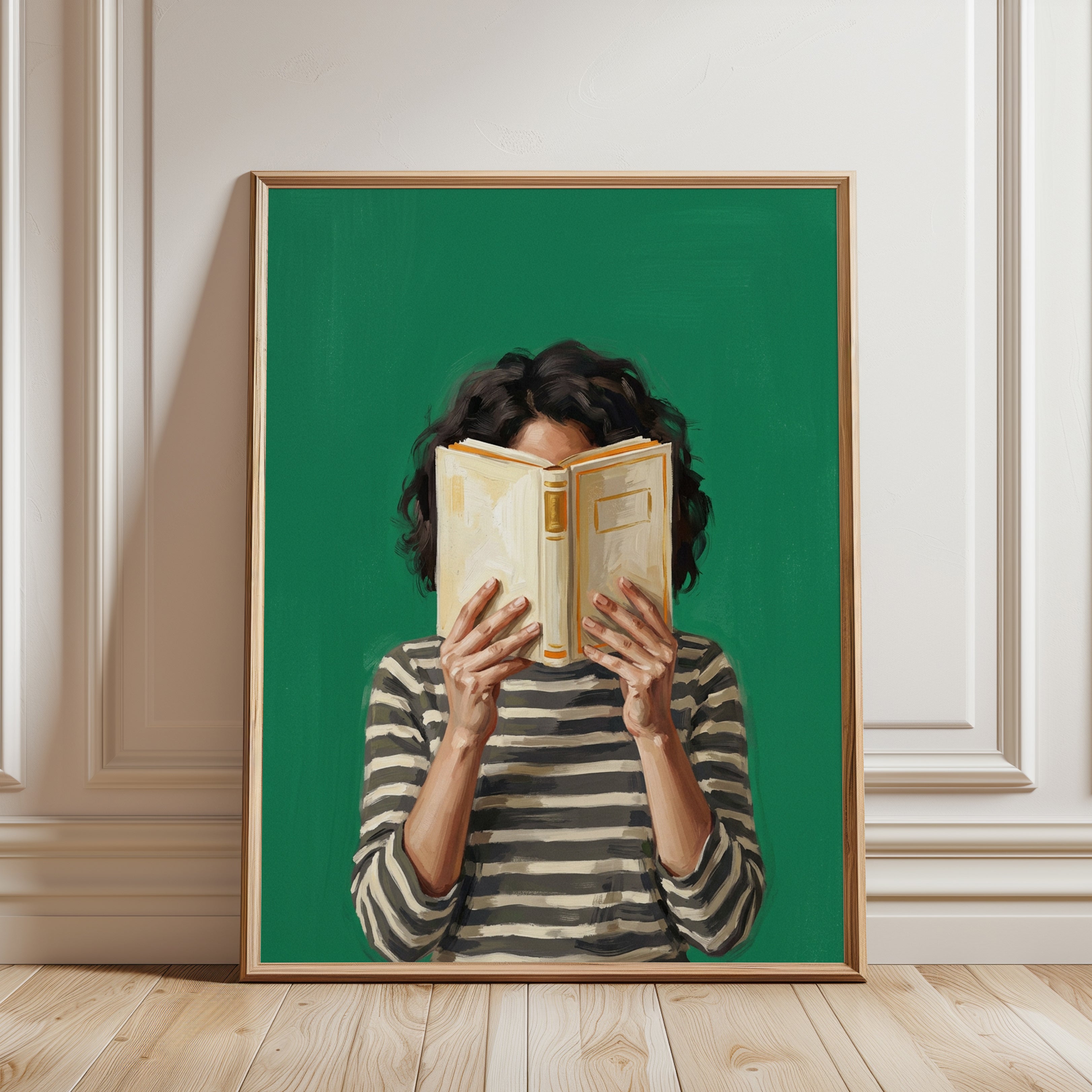 Book Reader Portrait: Contemporary Green Background Wall Art - framed detail