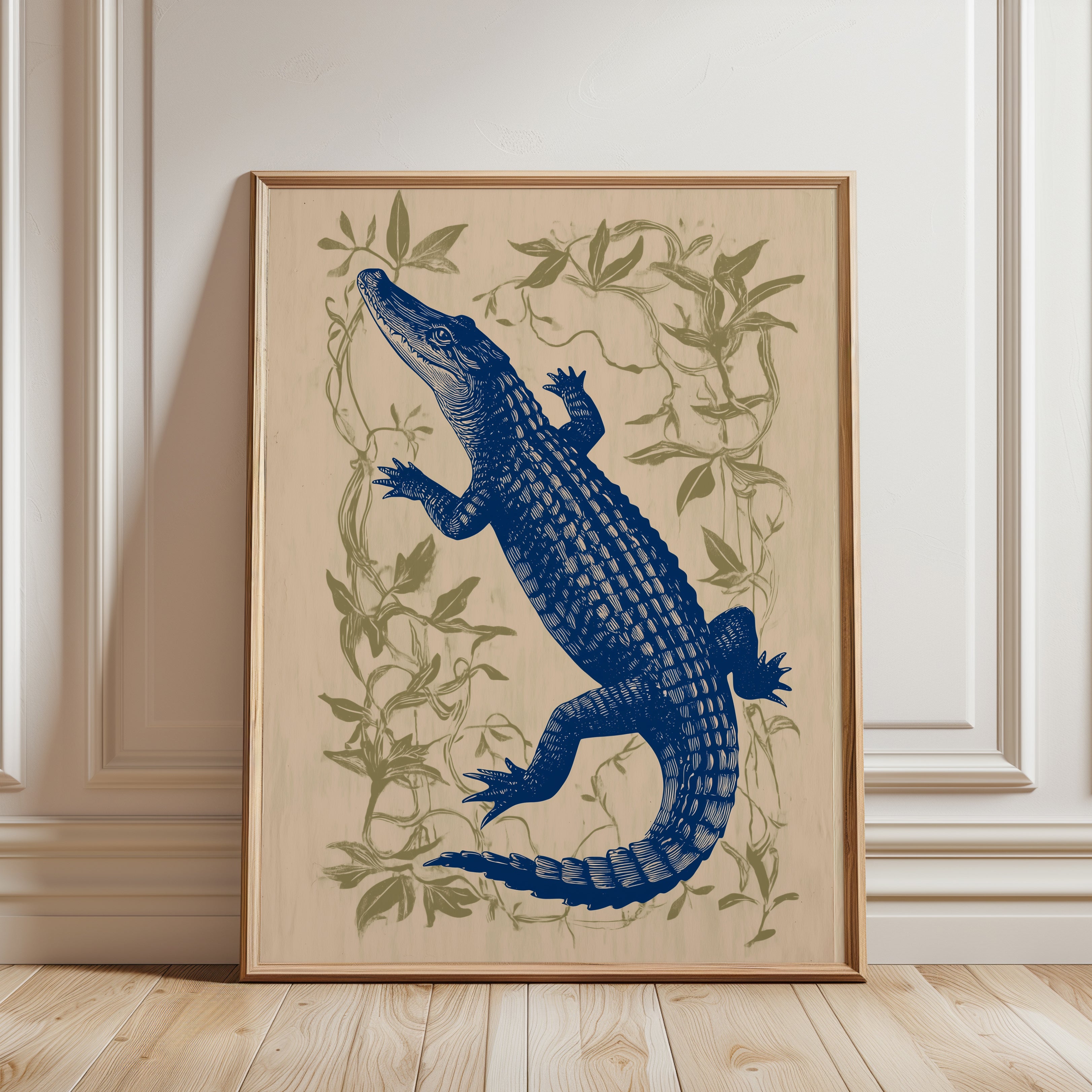 Blue Alligator Print: Vintage Botanical Natural History Art - framed detail