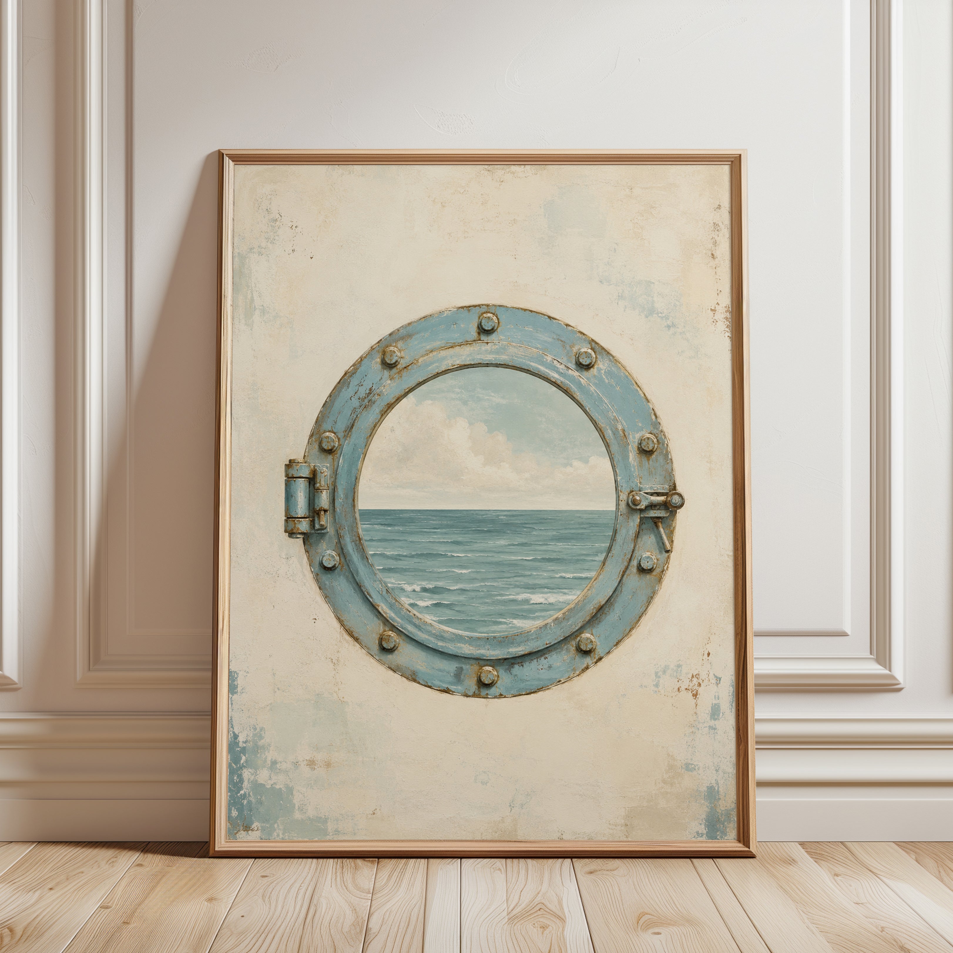 Nautical Porthole Wall Art – Vintage Ocean Print - framed detail