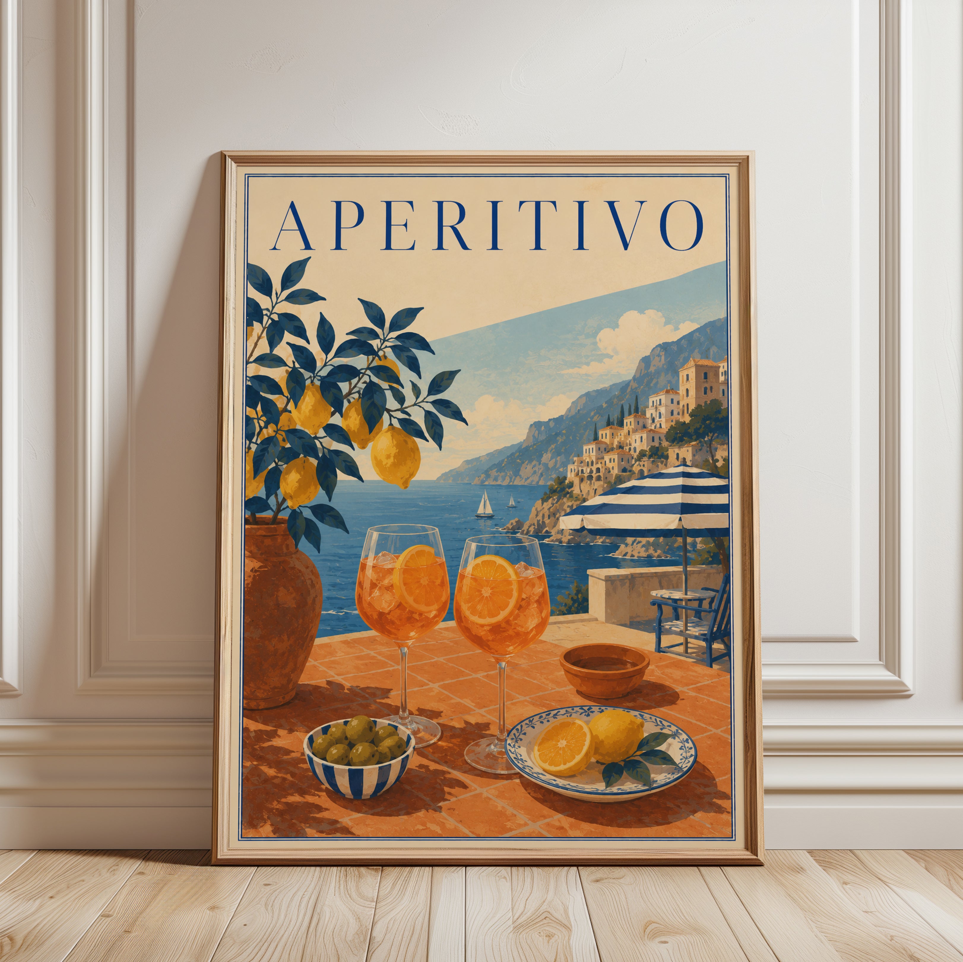 Aperitivo Travel Poster: Italian Coast Vintage Art (Kitchen & Dining) - framed detail