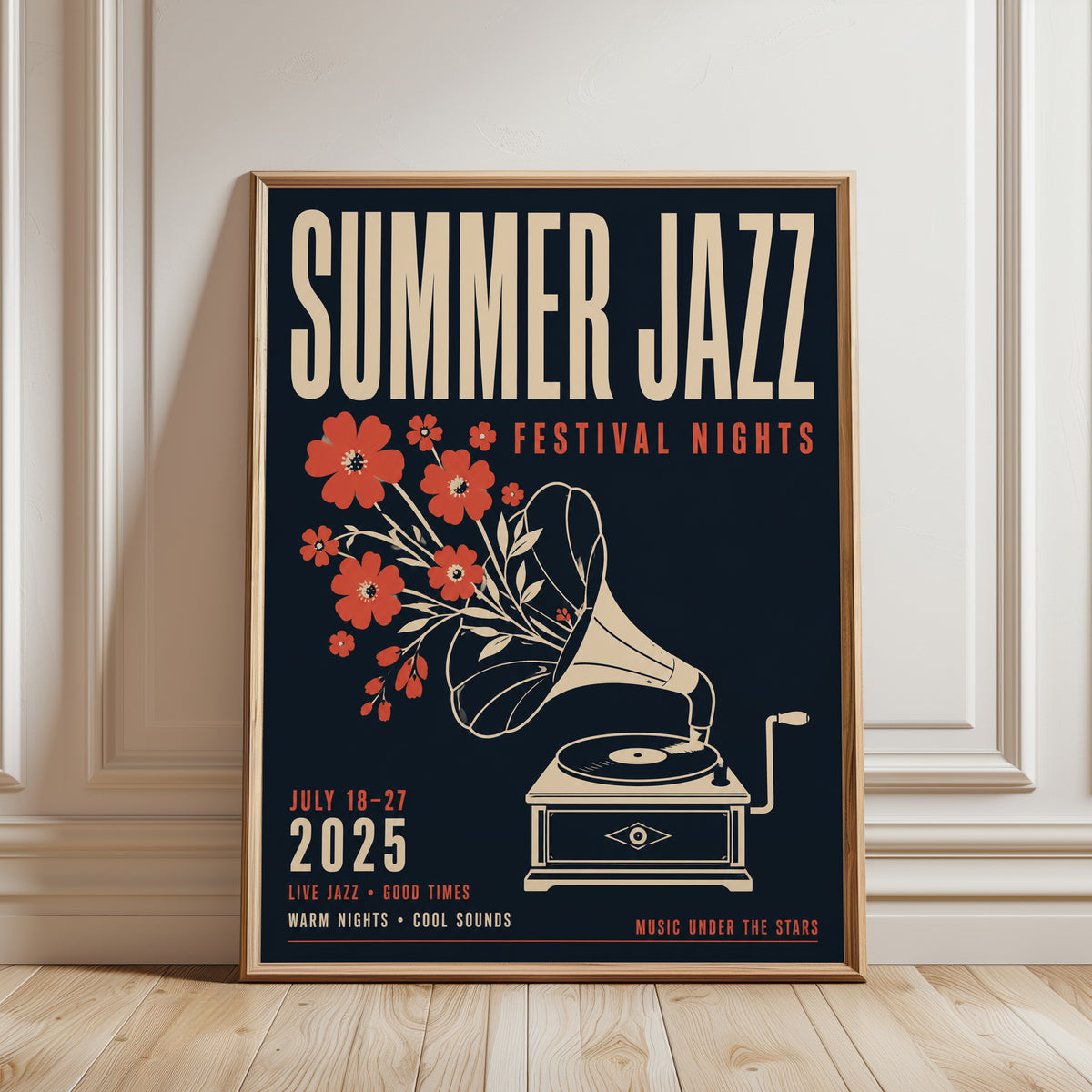 Summer Jazz Festival Poster: Vintage Gramophone Art Print - framed detail