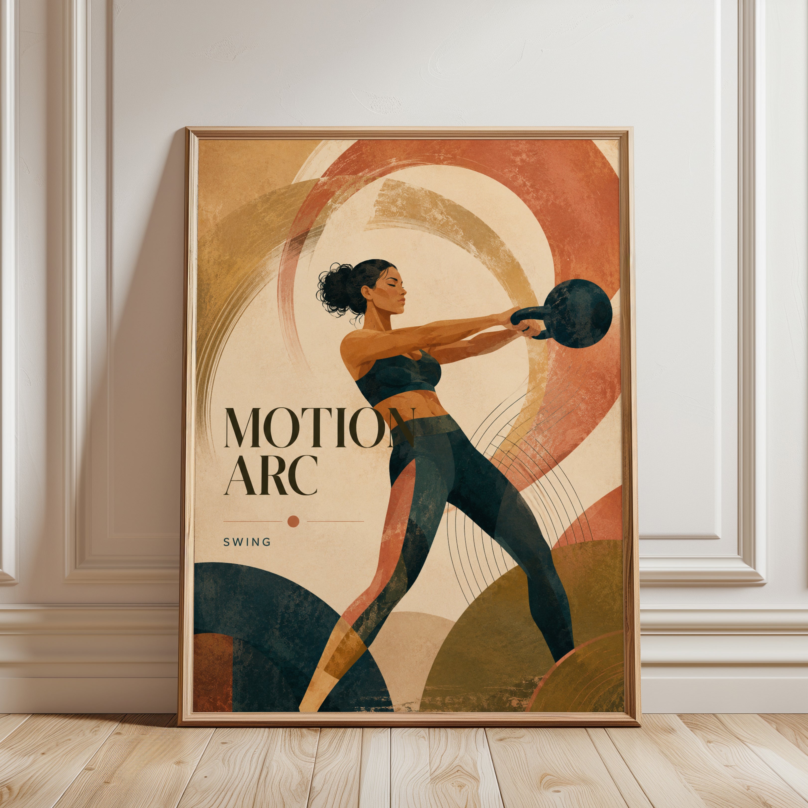 Kettlebell Swing Art Print: Art Deco Fitness Poster - framed detail