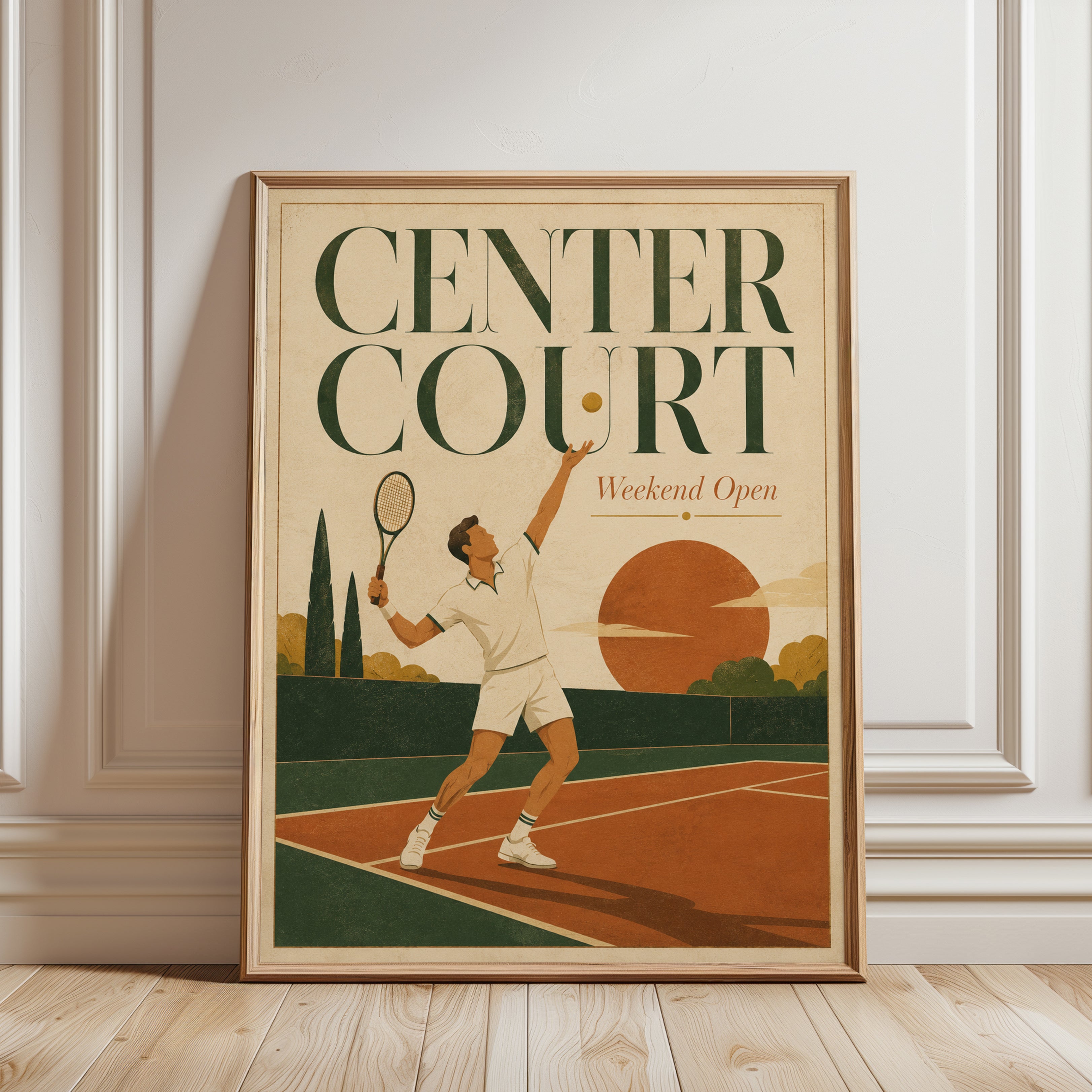 Vintage Tennis Poster Print: Art Deco Center Court Design - framed detail