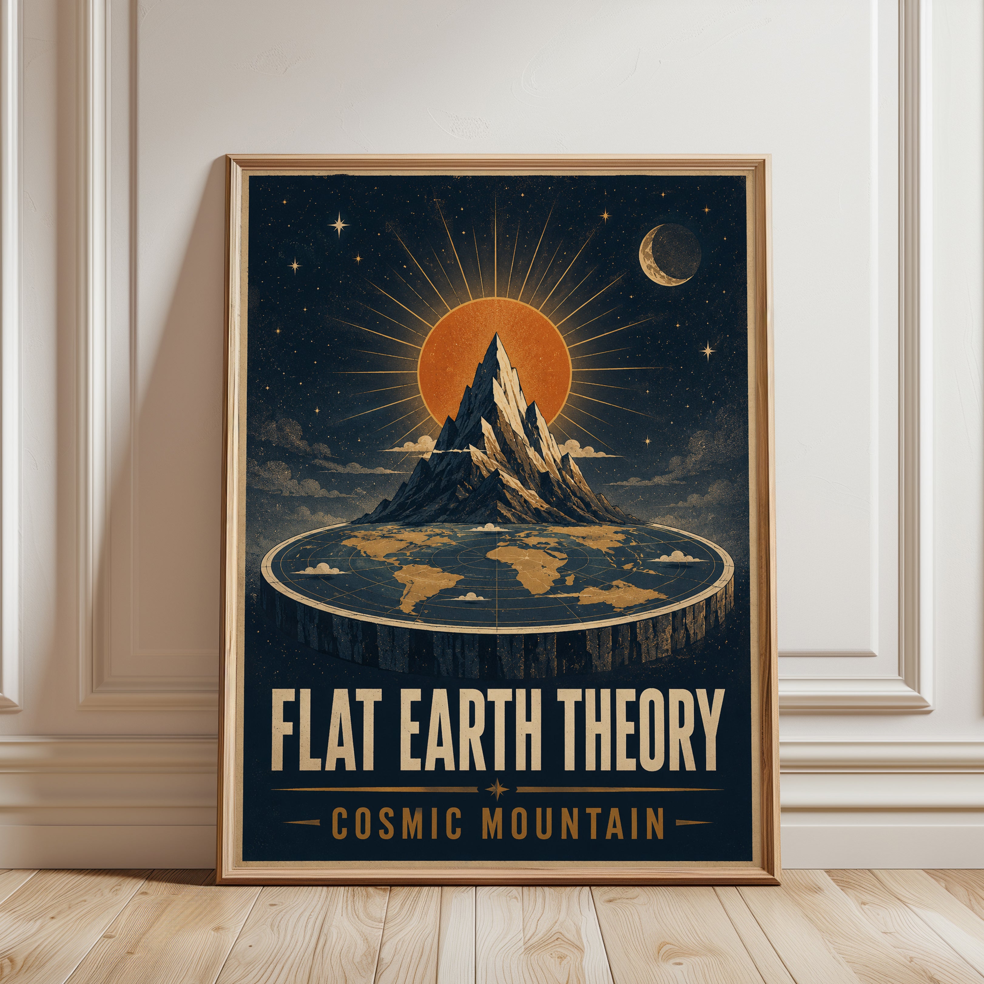 Flat Earth Wall Art: Retro Cosmic Mountain - framed detail