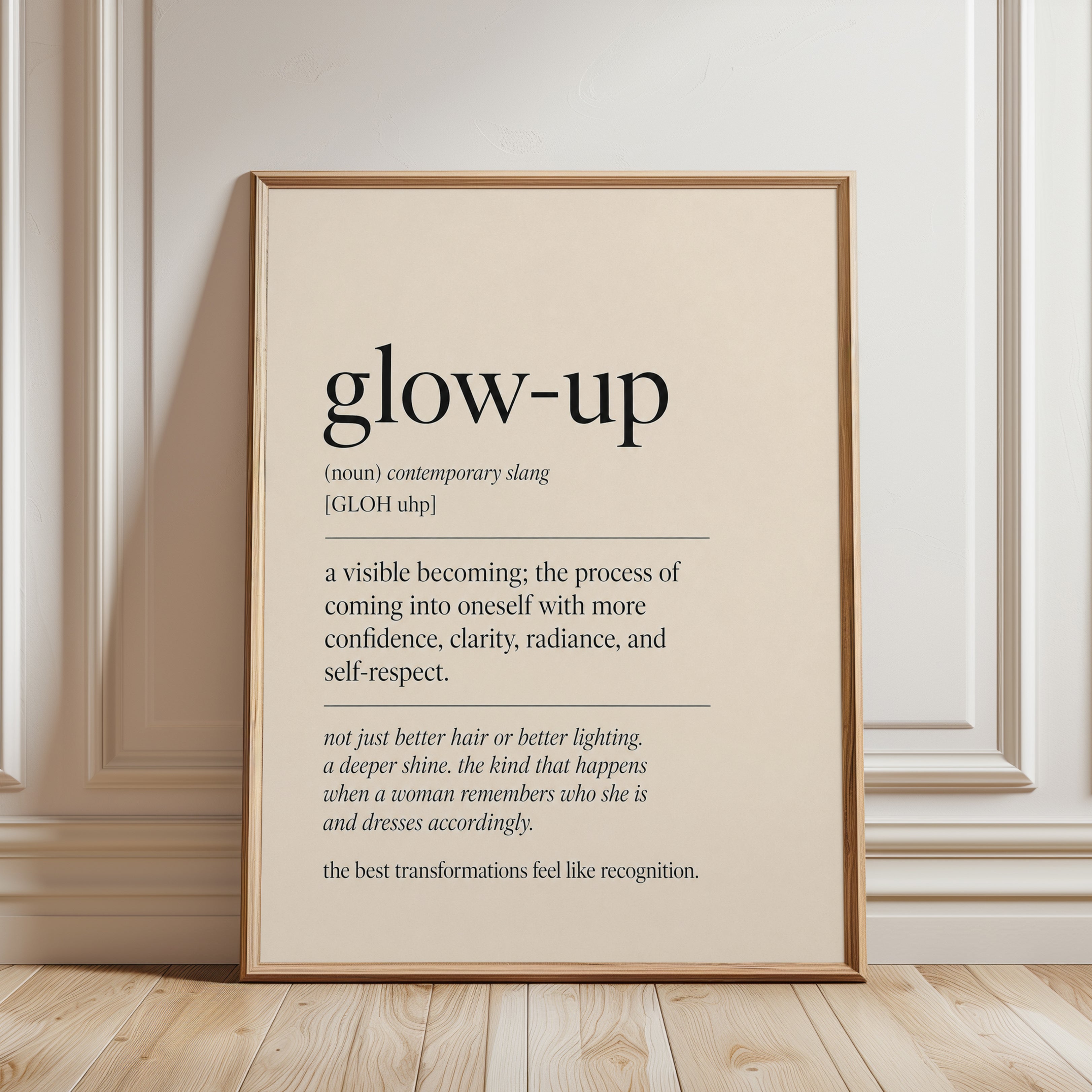 Glow Up Definition Print: Minimalist Typography Wall Art - framed detail