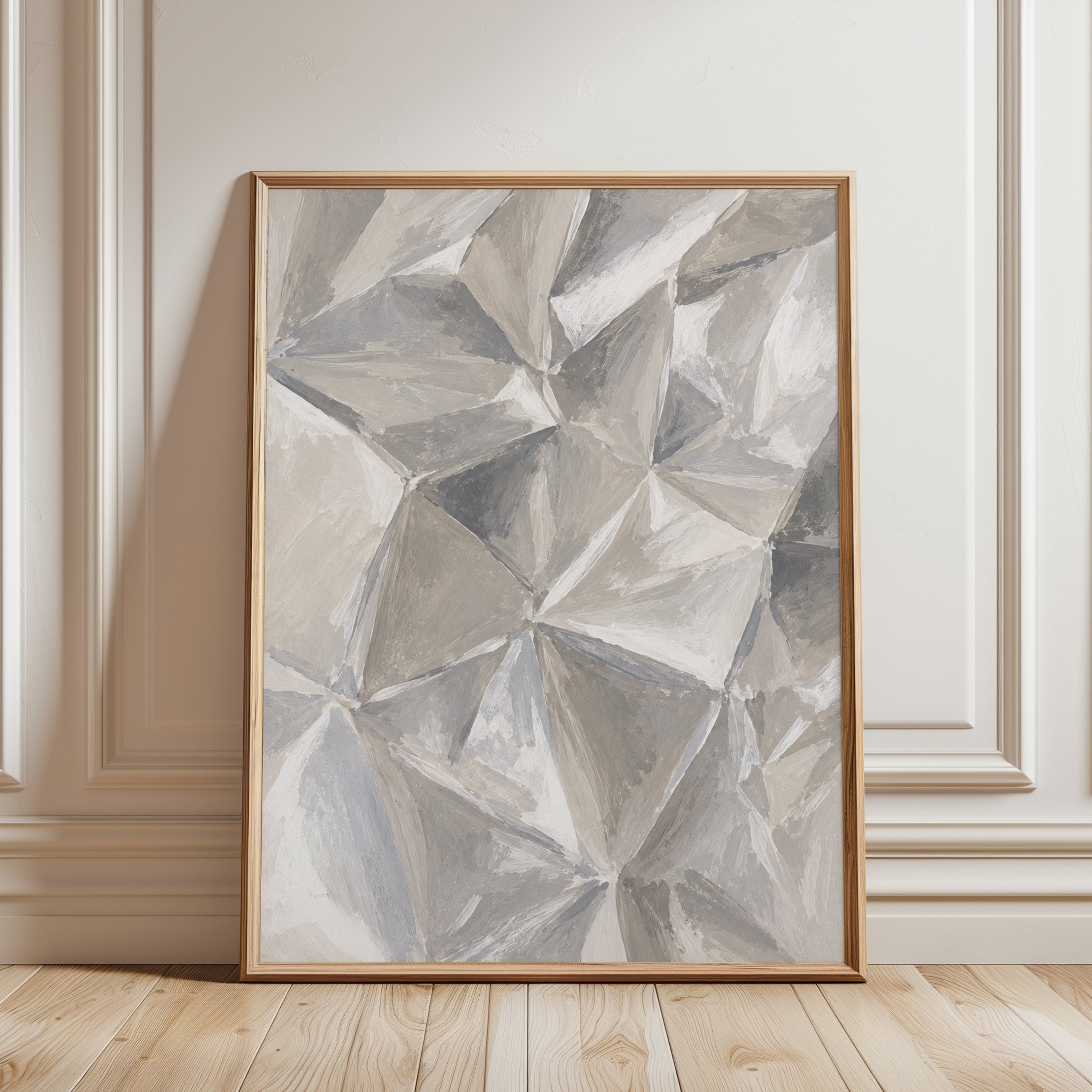 Abstract Geometric Facets Wall Art: Neutral Taupe Cubist Design - framed detail