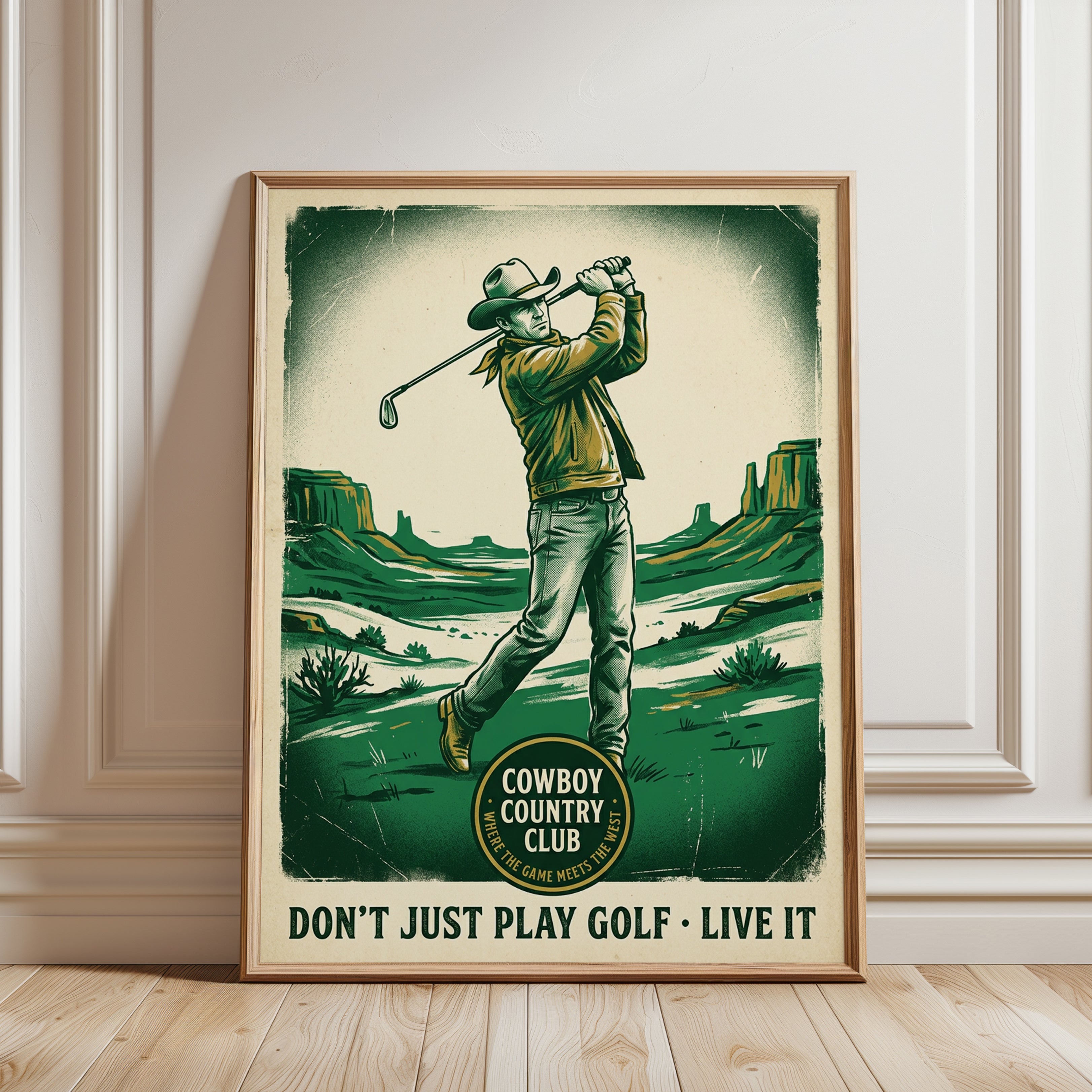 Vintage Cowboy Golfer Print: Retro Western Green Sports Poster - framed detail