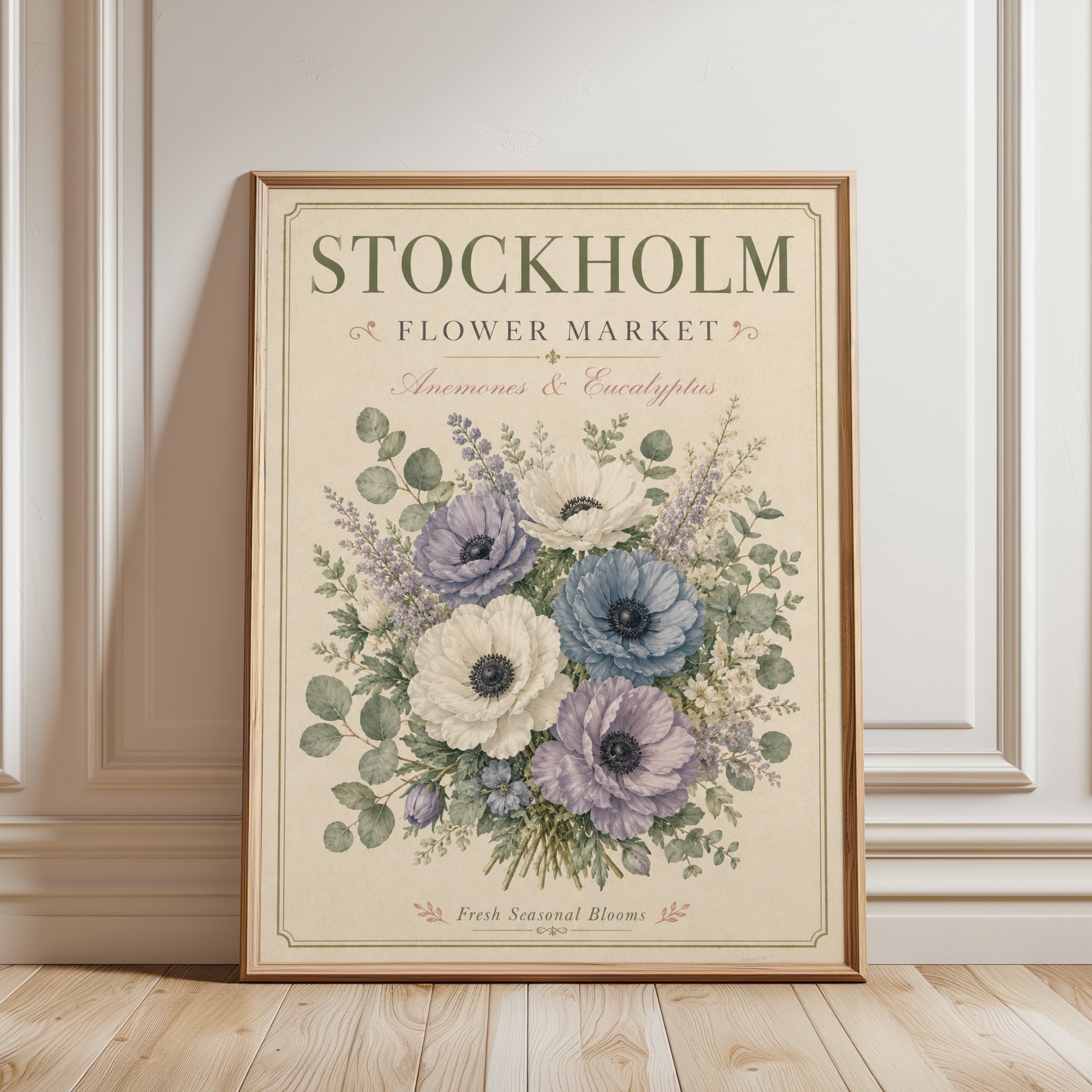 Stockholm Flower Market Print — Vintage Botanical Anemone & Eucalyptus - framed detail