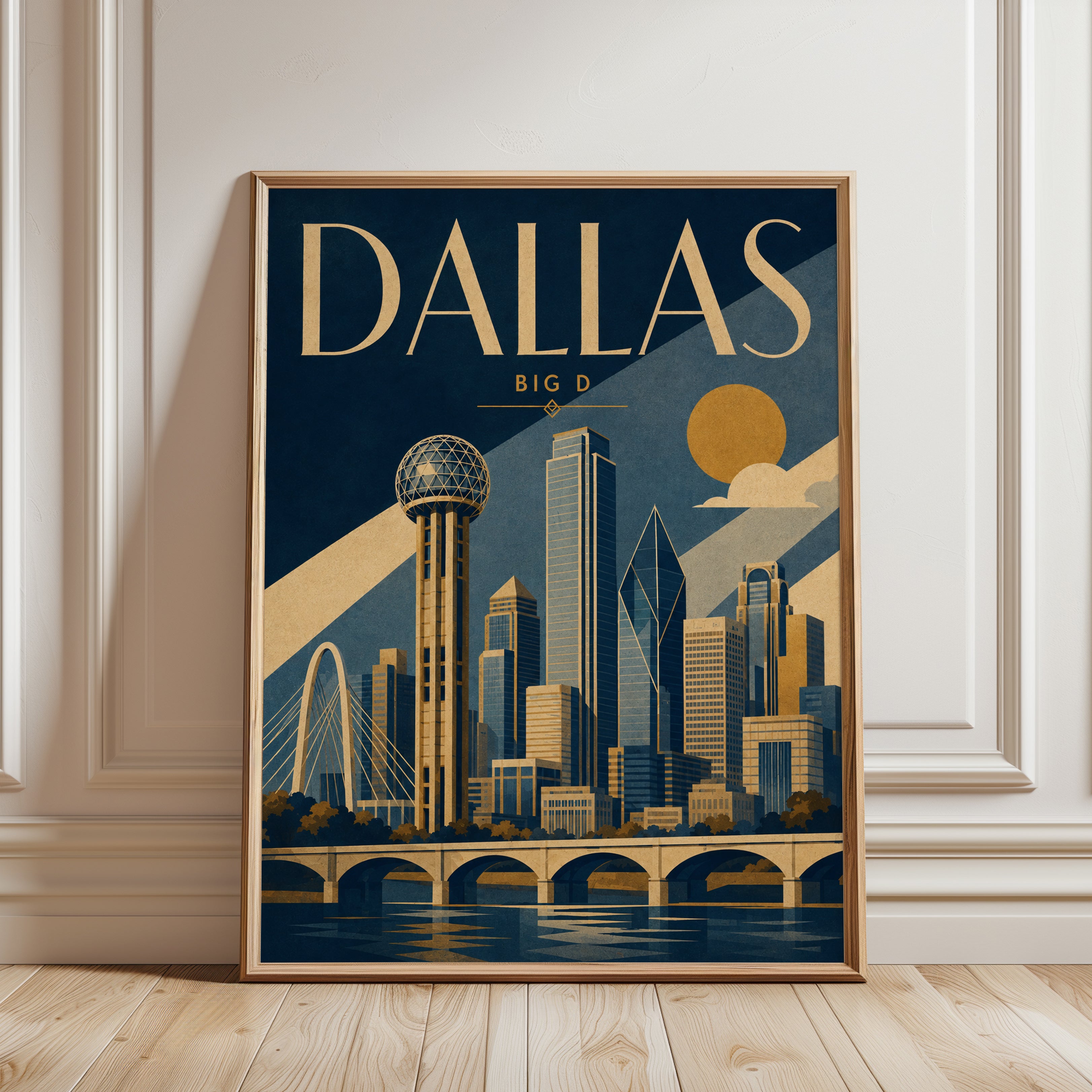 Dallas Skyline Art Print: Art Deco Cityscape Poster in Navy and Gold - framed detail