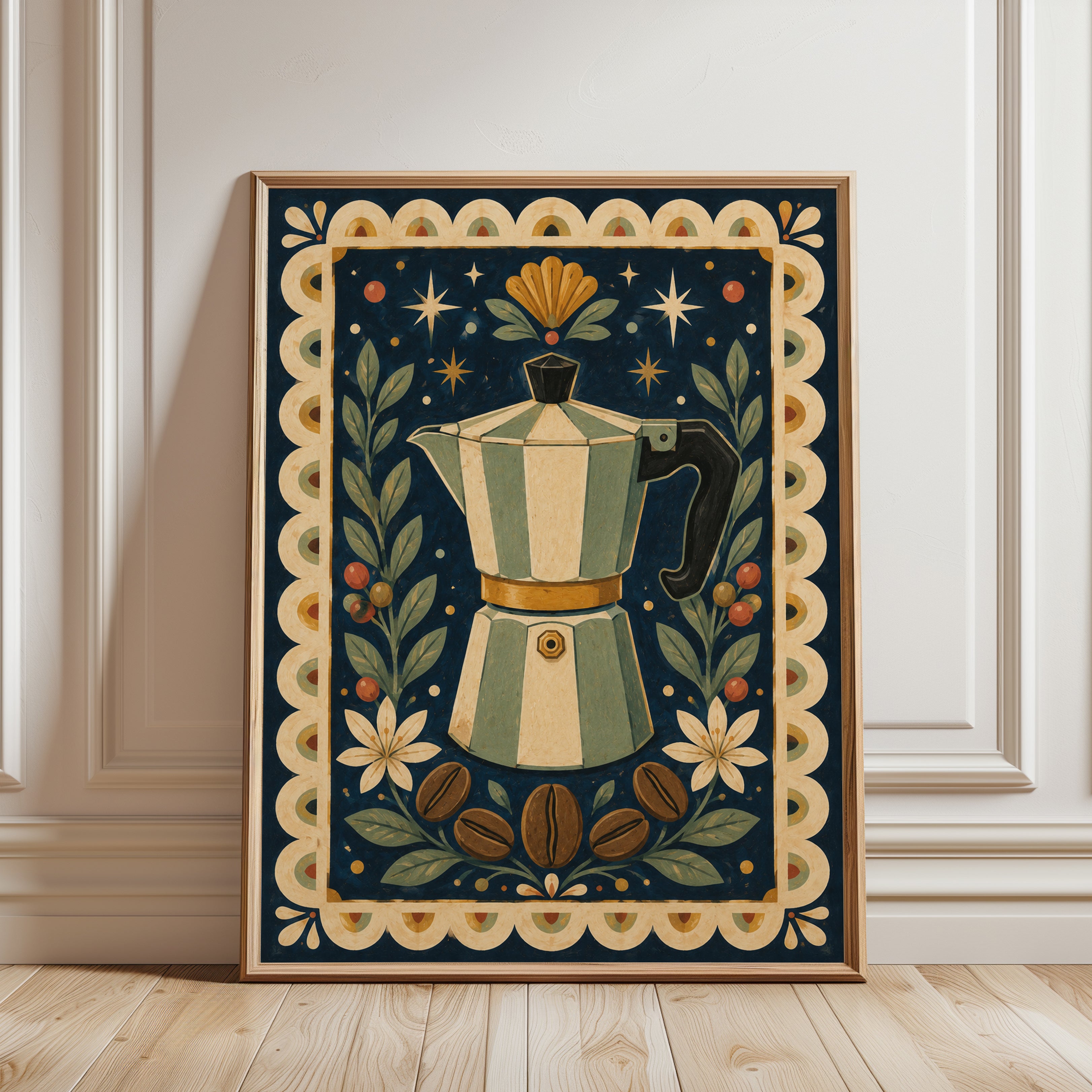 Folk Art Moka Pot Print - framed detail