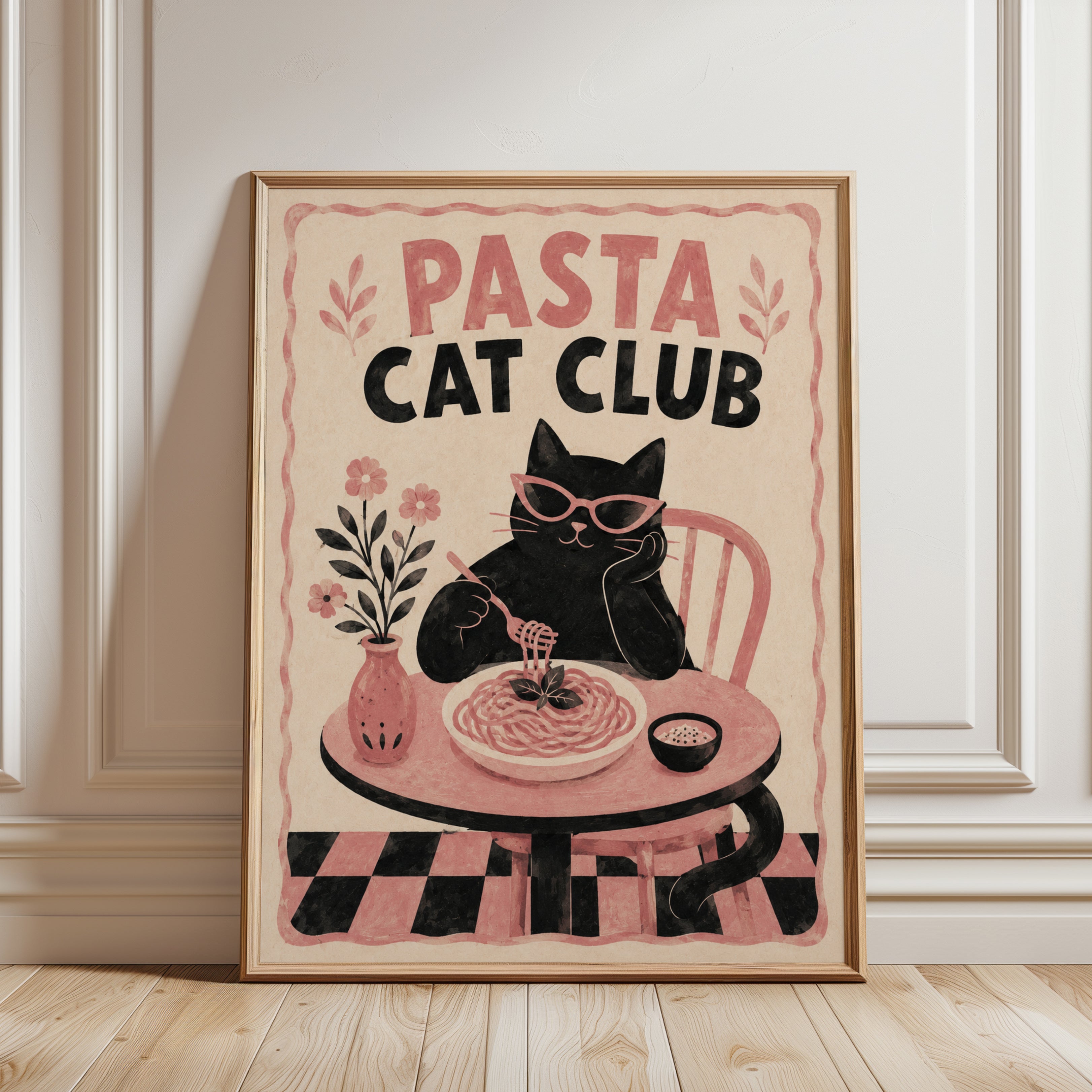 Pasta Cat Club Print – Retro Kitchen Wall Art - framed detail