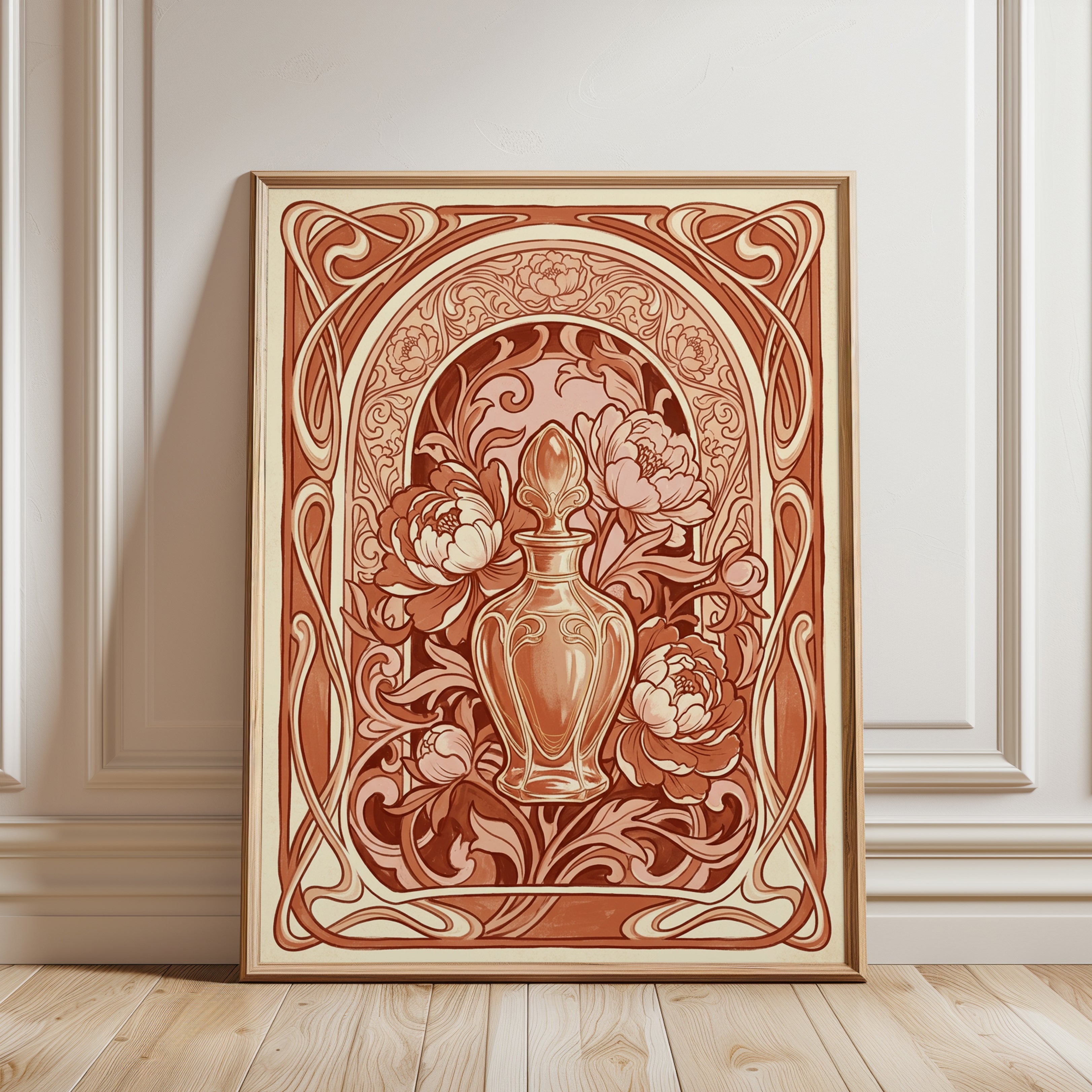 Art Nouveau Floral Print — Vintage Vase & Peonies - framed detail