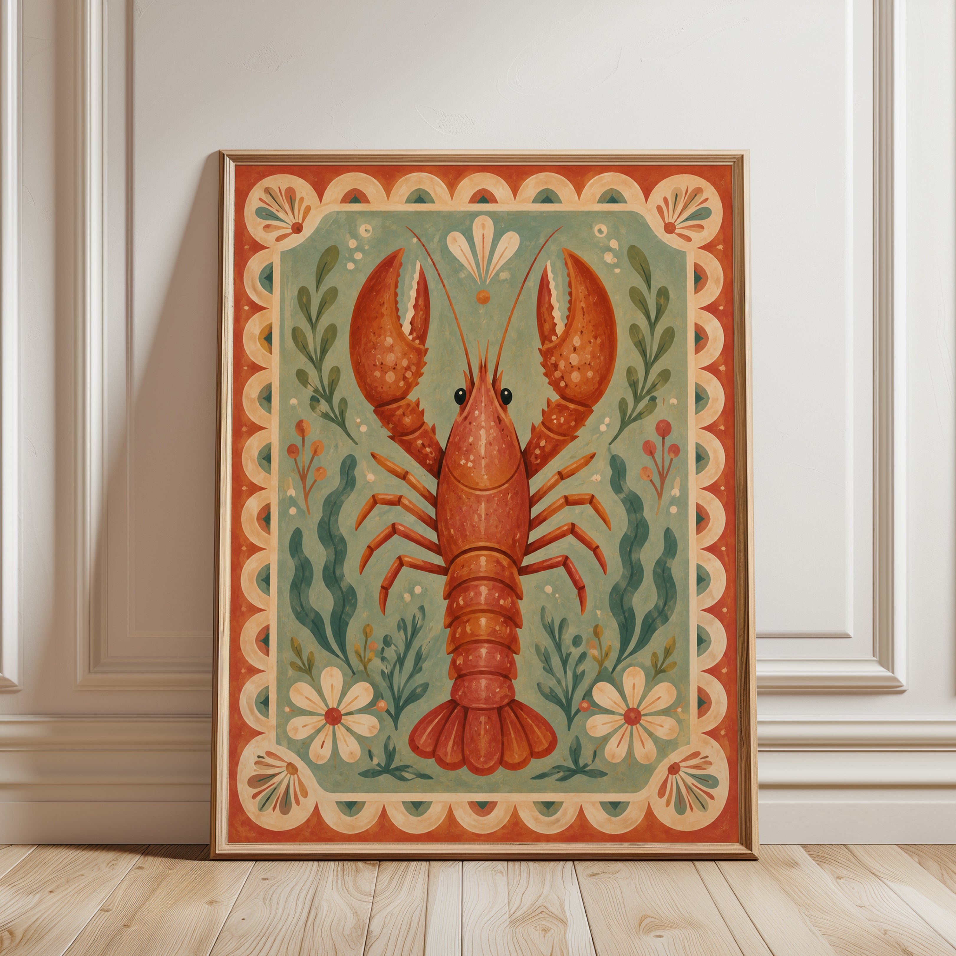 Folk Art Lobster Print – Vintage Coastal Wall Art - framed detail