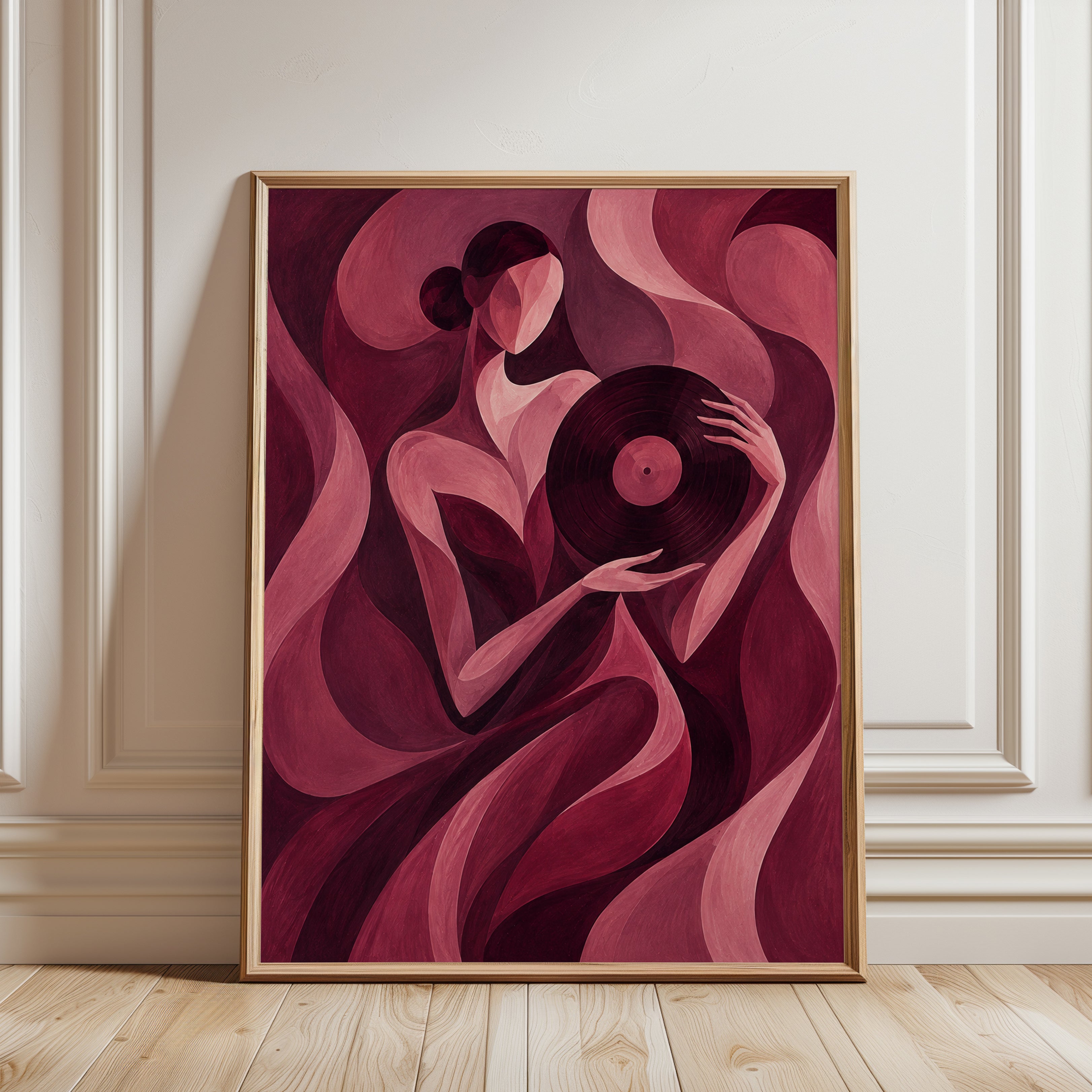 Vinyl Record Listener Art Print: Art Deco Style in Burgundy Pink - framed detail