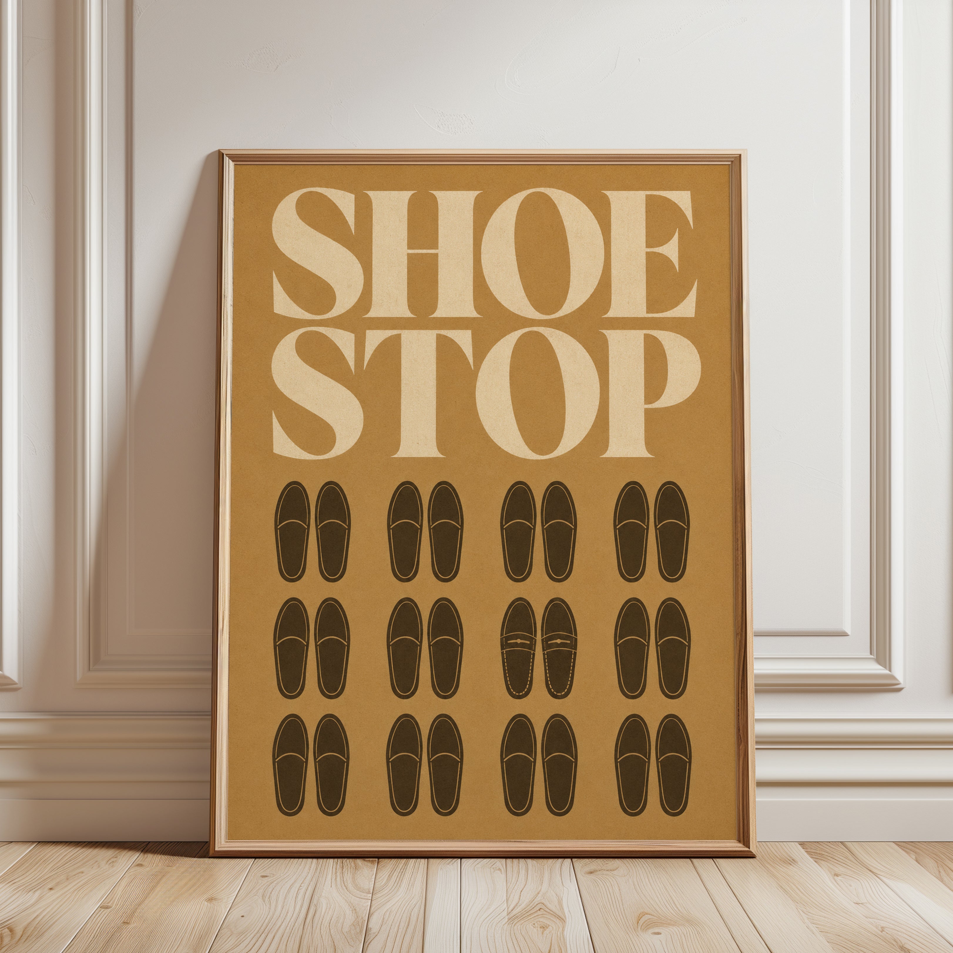Retro Loafer Wall Art: Vintage Shoe Print in Mustard Tones - framed detail