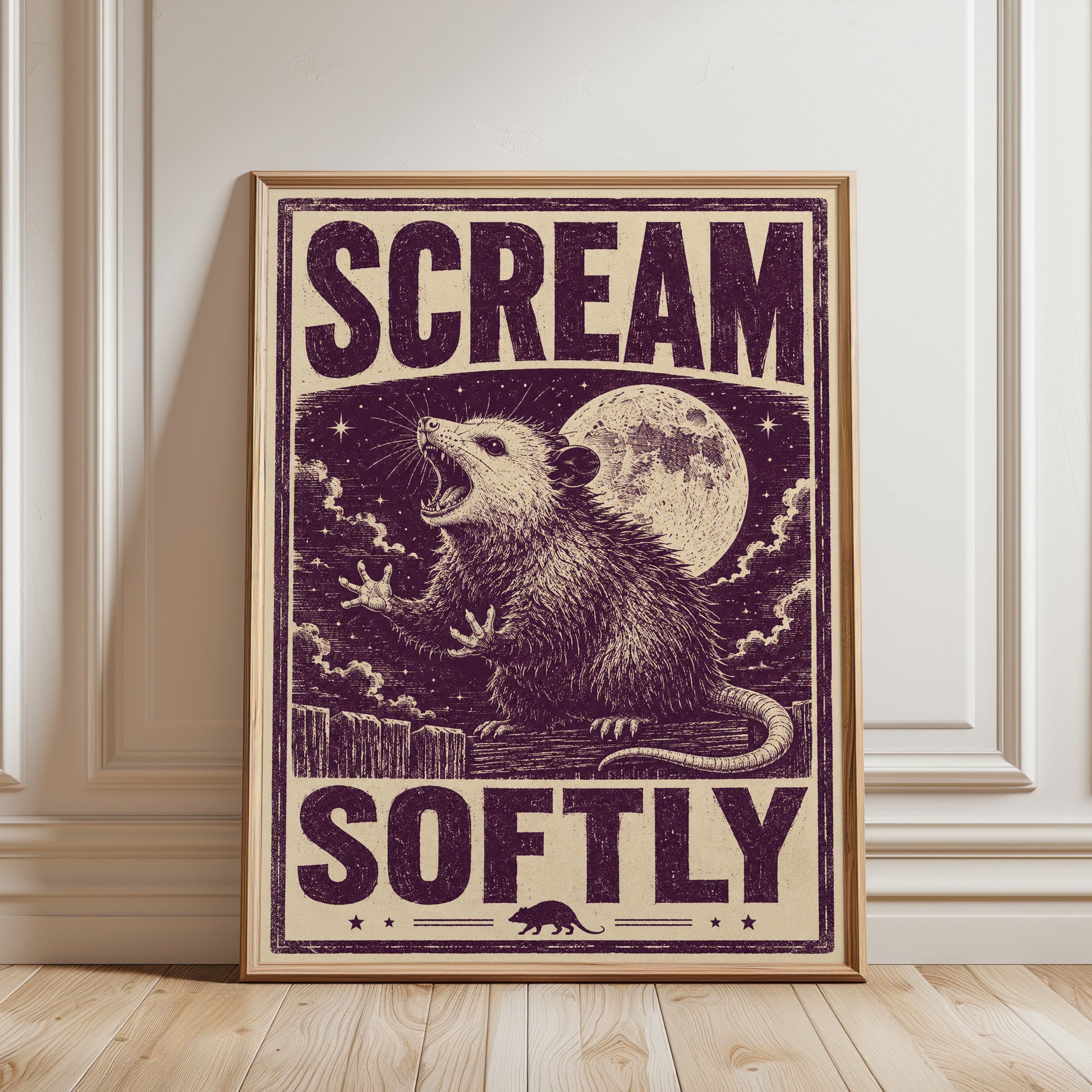 Vintage Rat Poster Print: Retro Gothic Illustration in Purple - framed detail