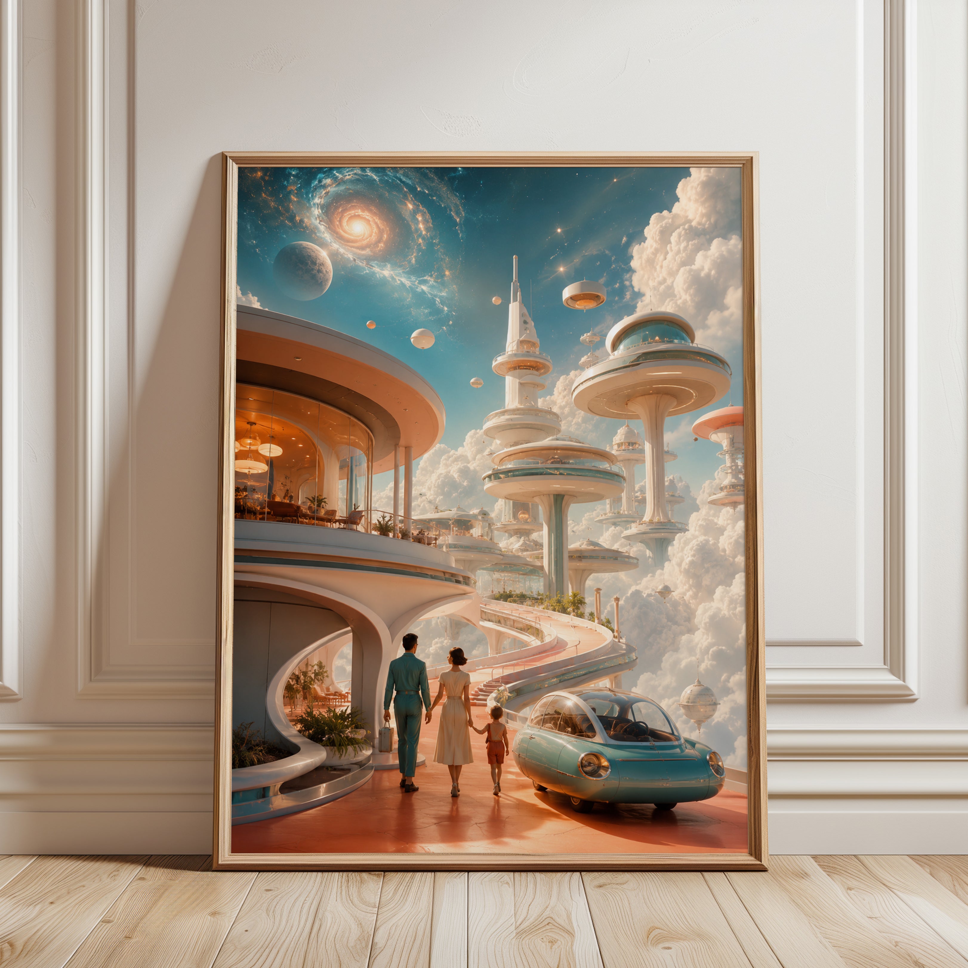 Retro Future City Poster: Mid-Century Space Architecture Print - framed detail