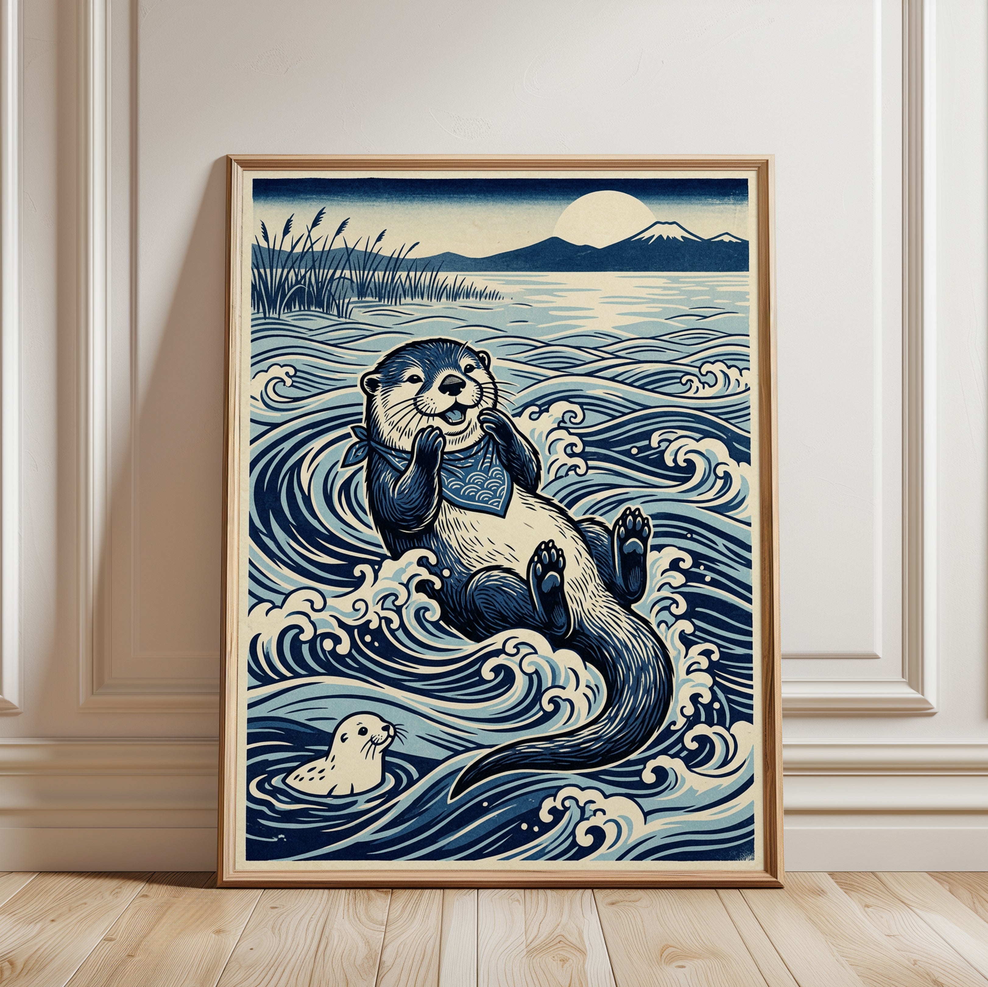 Sea Otter Waves Art Print: Japanese Woodblock Style Blue Wildlife - framed detail