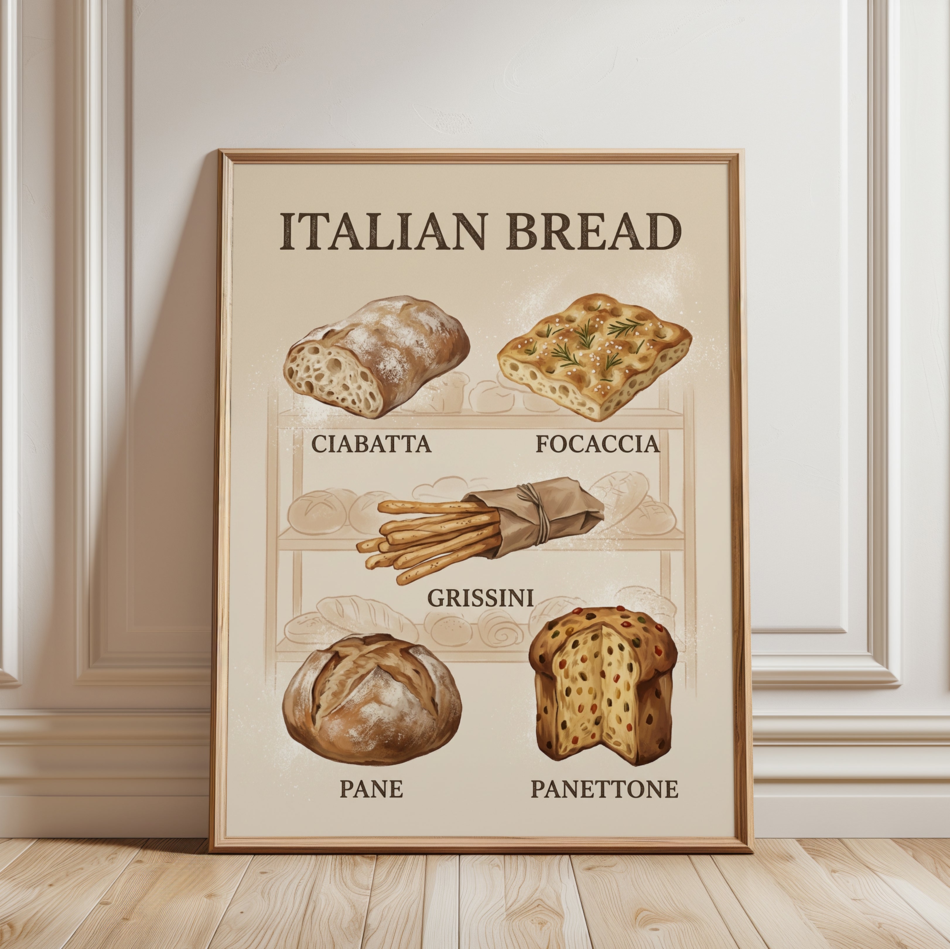 Italian Bread Varieties Poster: Vintage Kitchen Art Print - framed detail